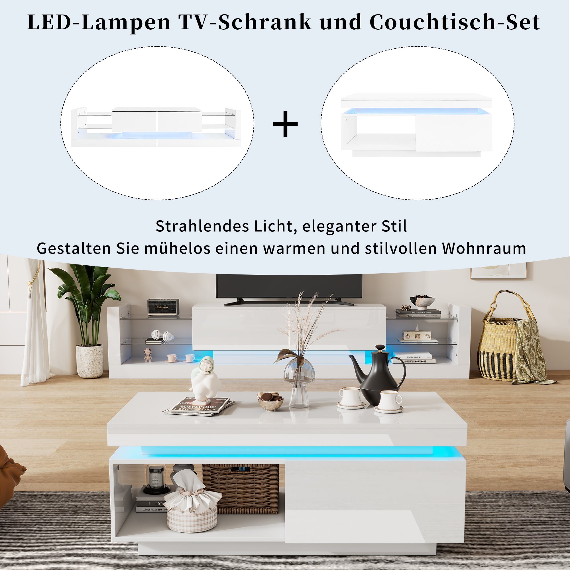 Logidon high gloss TV set white with LED lighting coffee table