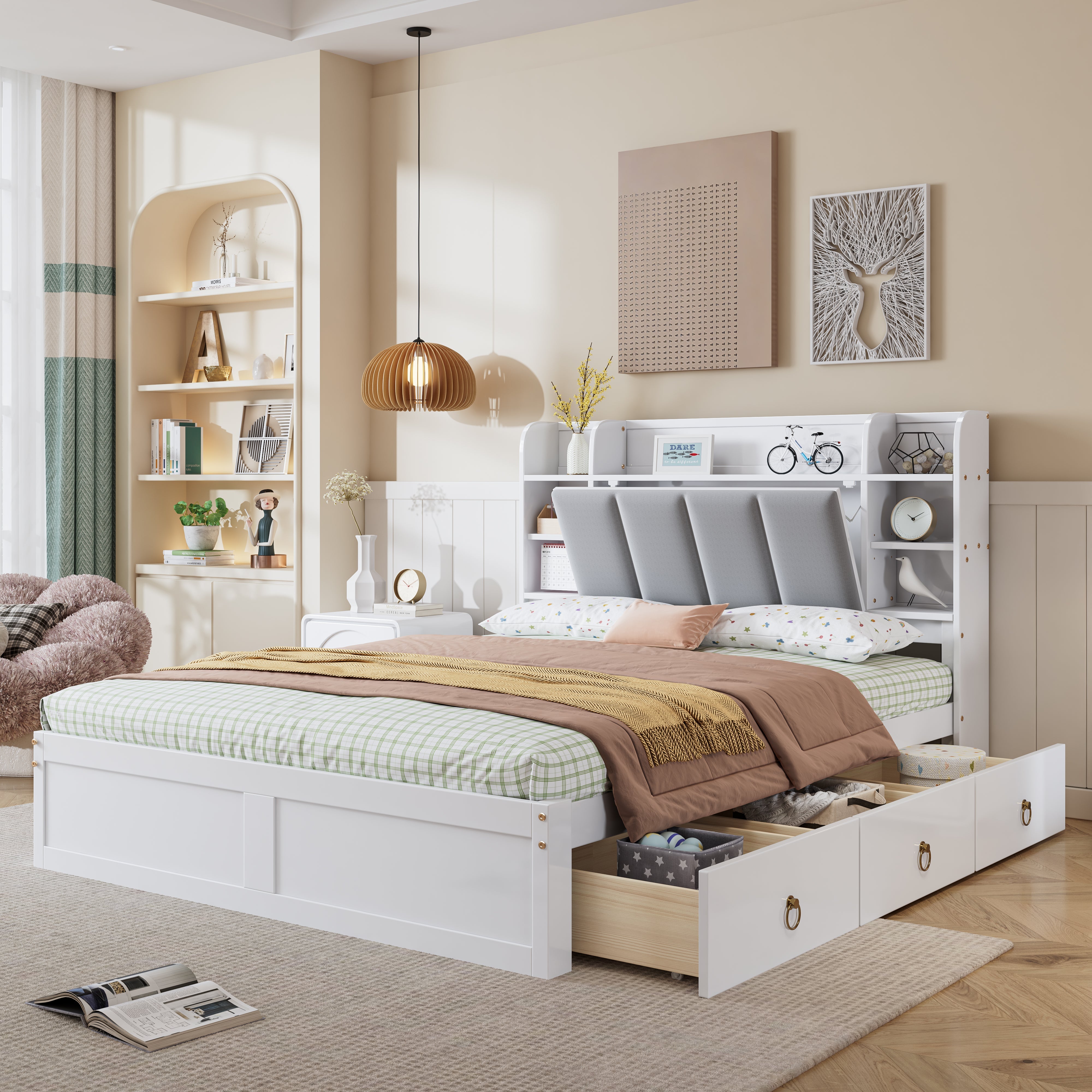 Logidon tweepersoonsbed witgrijs 140x200 cm plank drie lades op wielen