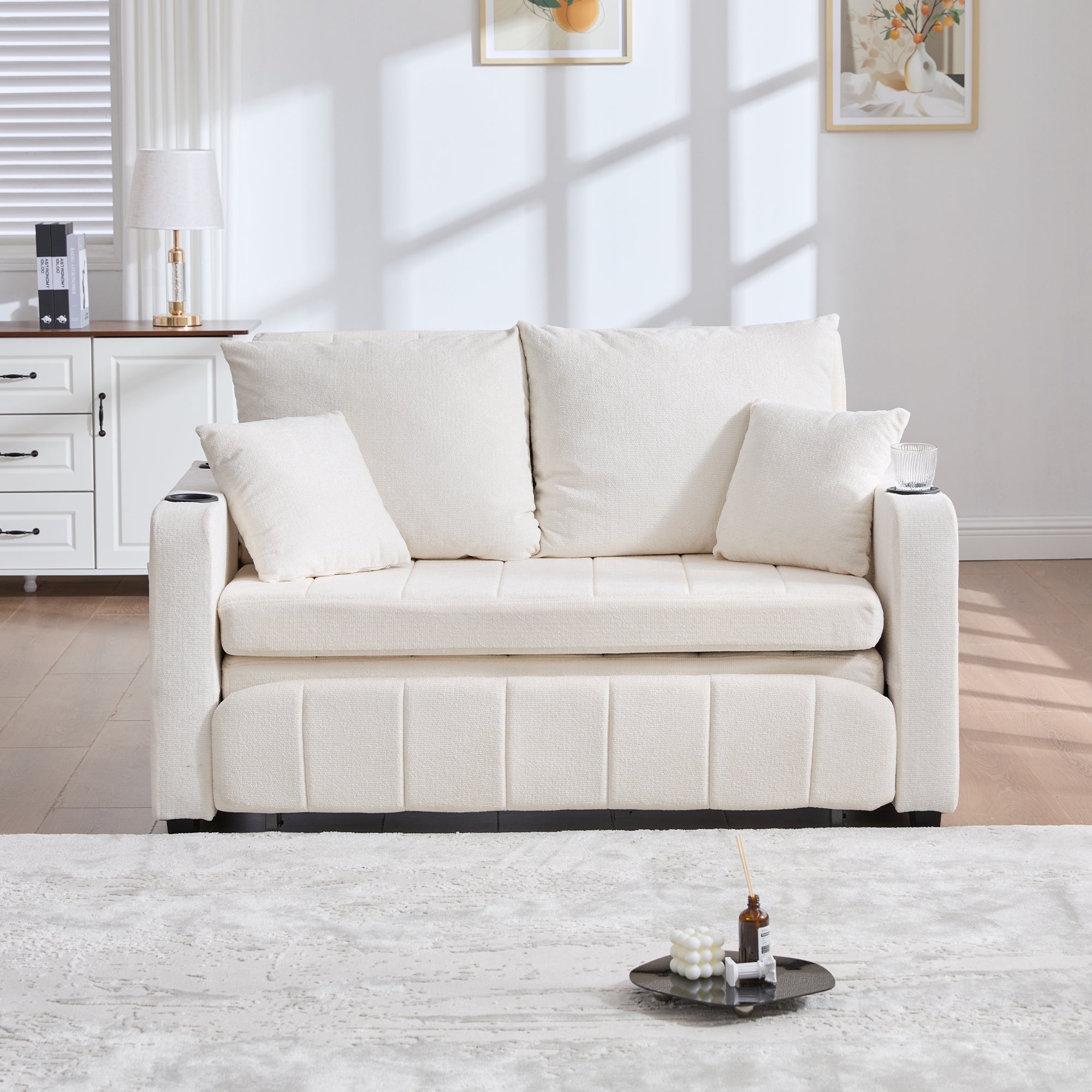 Logidon Beige Fluweel Multifunctionele Stoffen Bank Uitschuifbaar USB