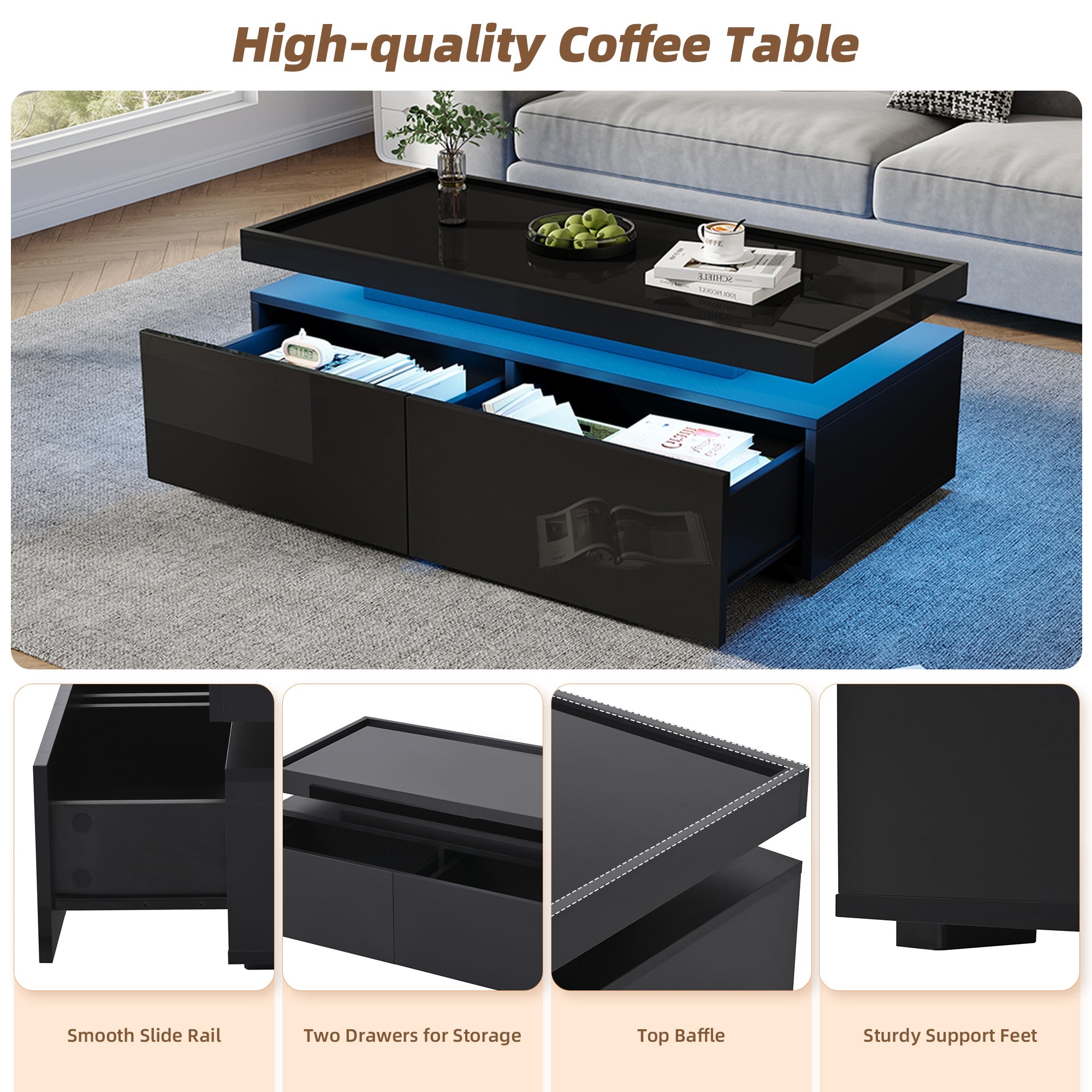 Logidon hoogglans salontafel 95x45x35 cm met LED verlichting zwart