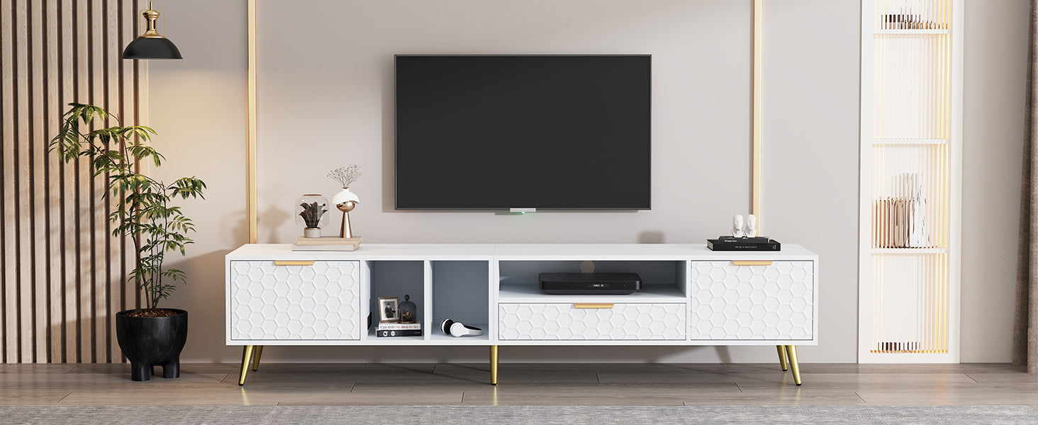 Logidon White TV Stand with Honeycomb Pattern and Storage Space for up to 80 Inches