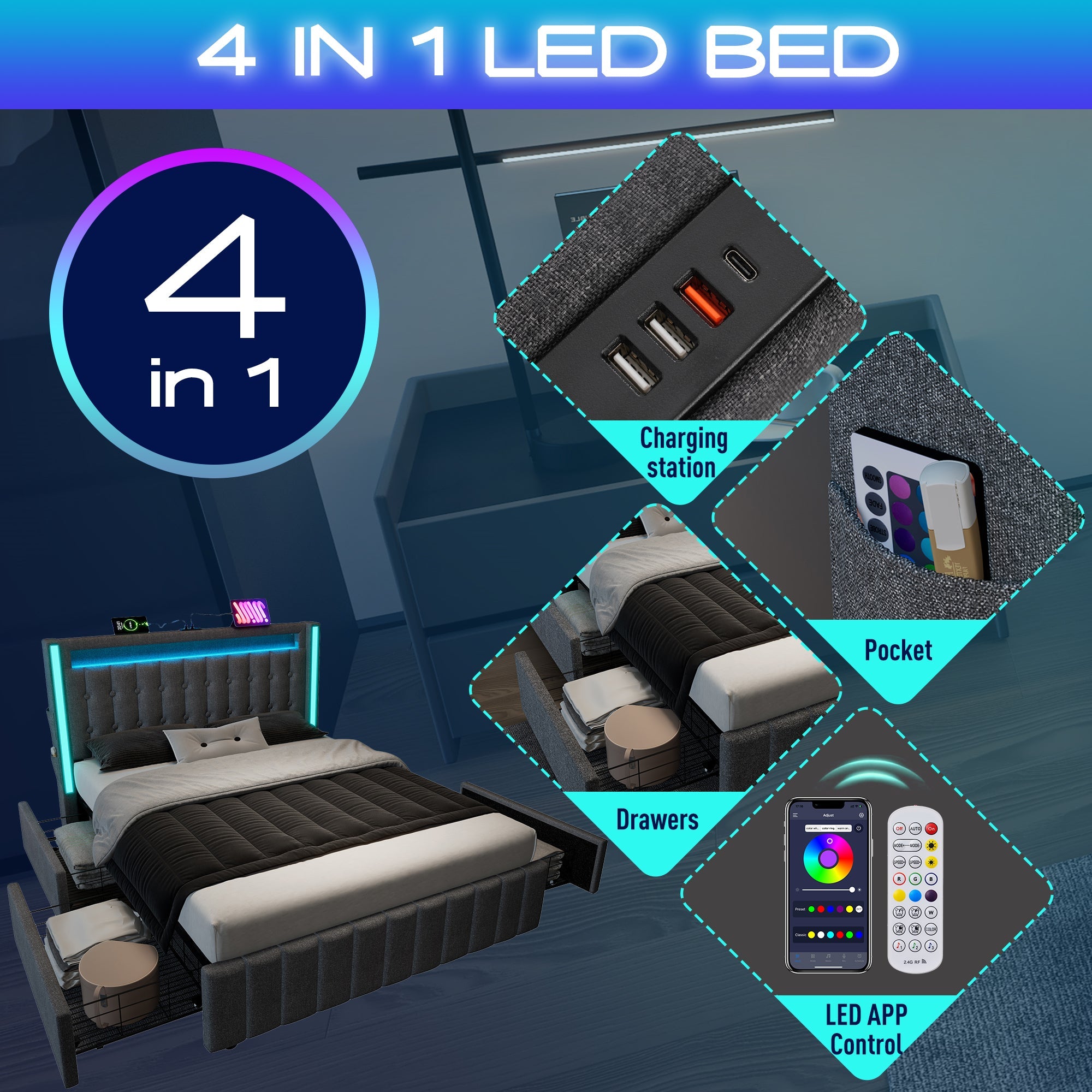 Logidon gestoffeerd bed 140x200 met USB C LED verlichting 4 vakken grijs