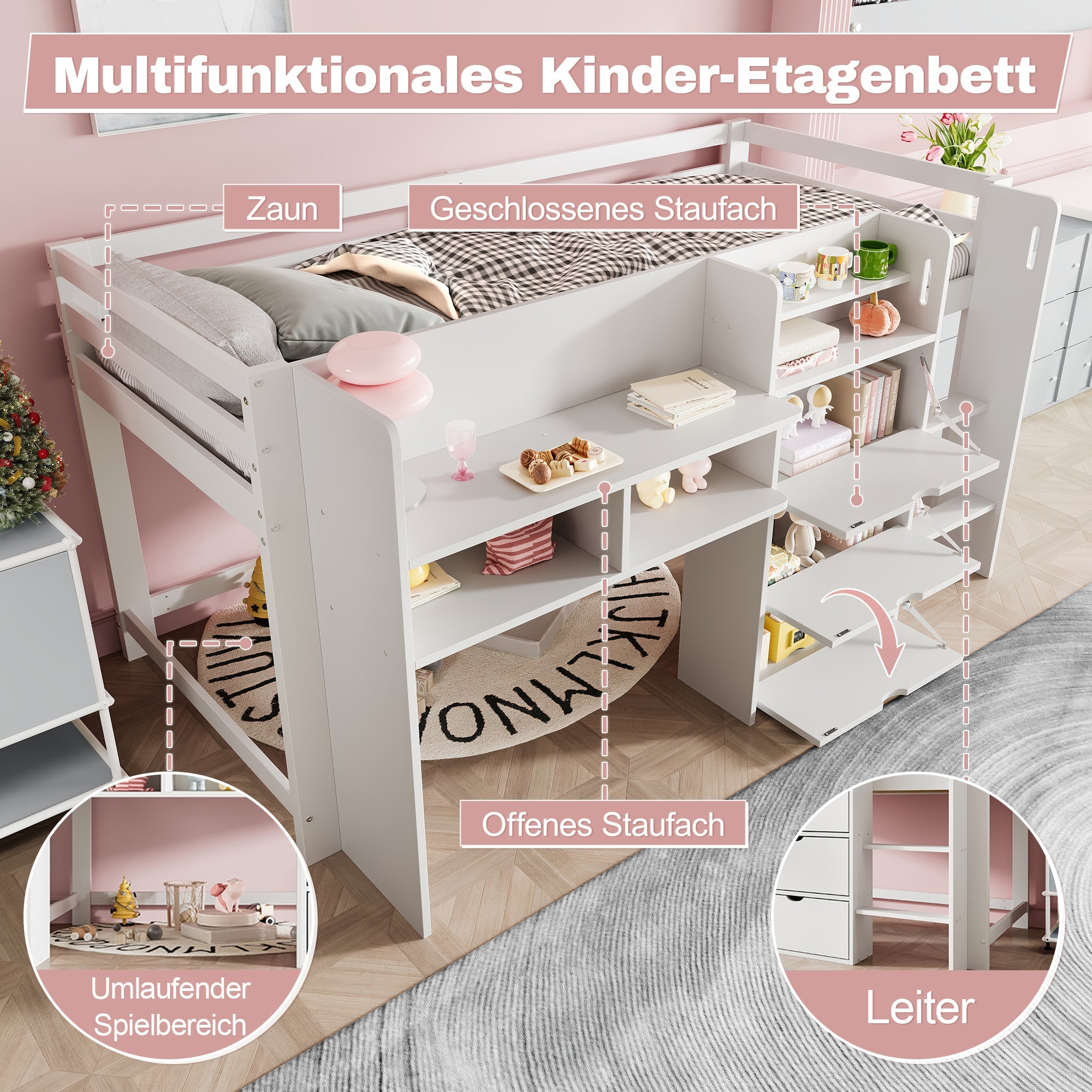 Logidon halfhoogslaper 90x200 cm wit opbergruimte entertainment