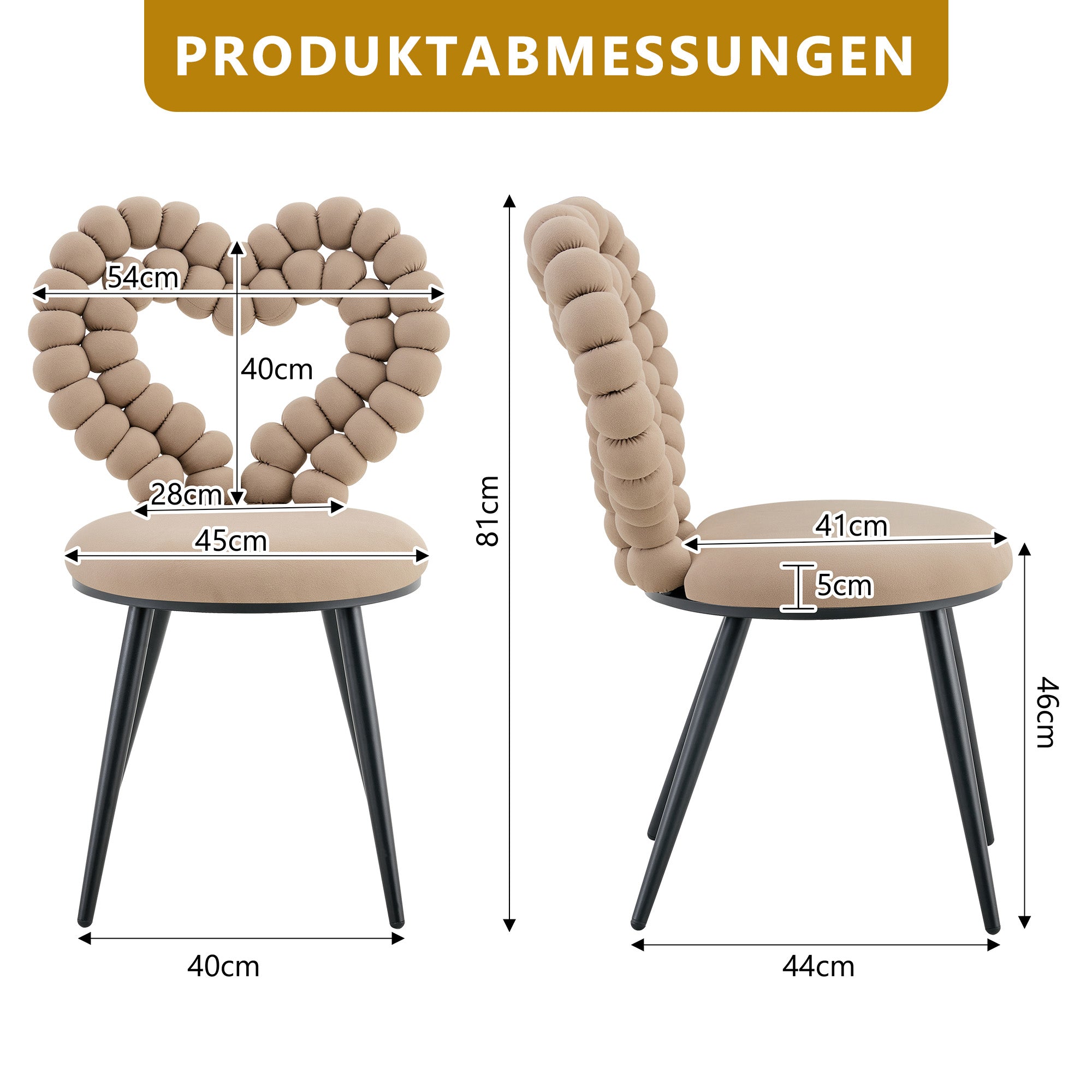 Logidon Kameelfluwelen eetkamerstoelenset met 2 beige hartvormige rugleuningen