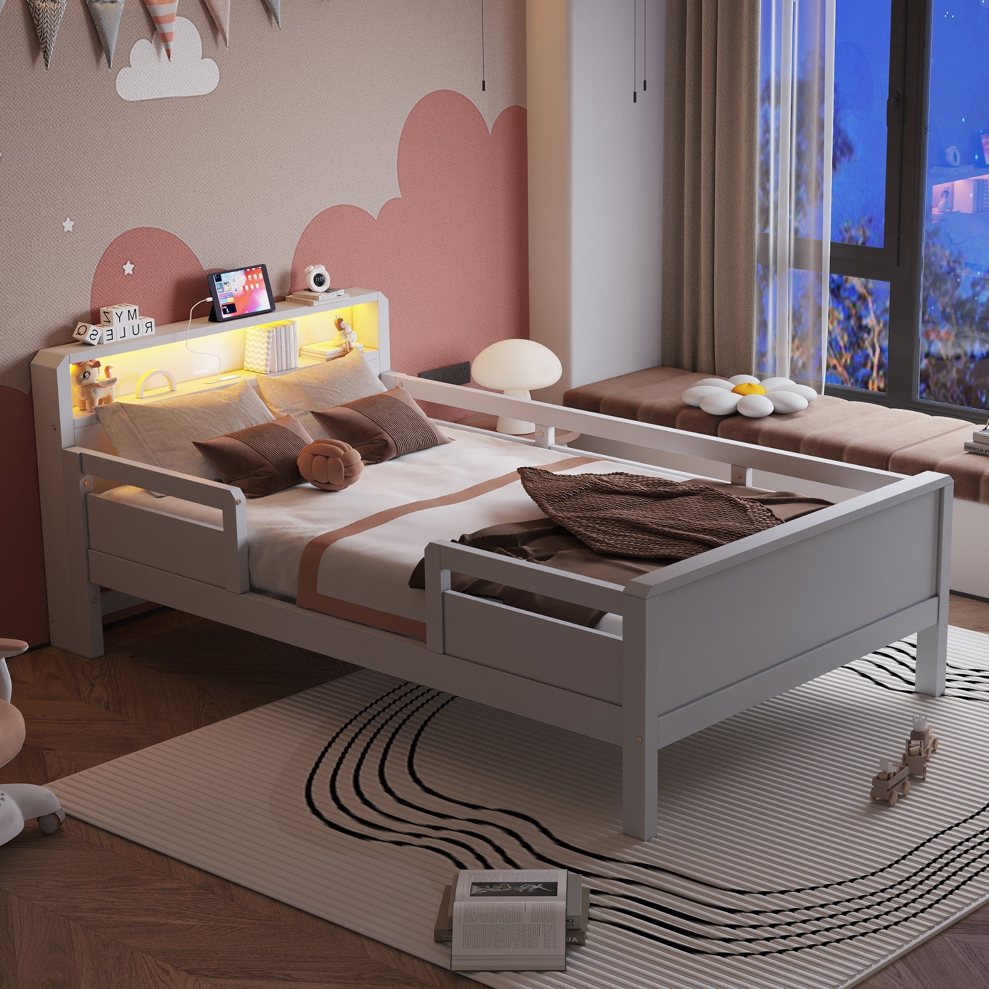 Logidon houten bed 90x200 cm USB C oplaadpunt LED hoofdbordplank wit