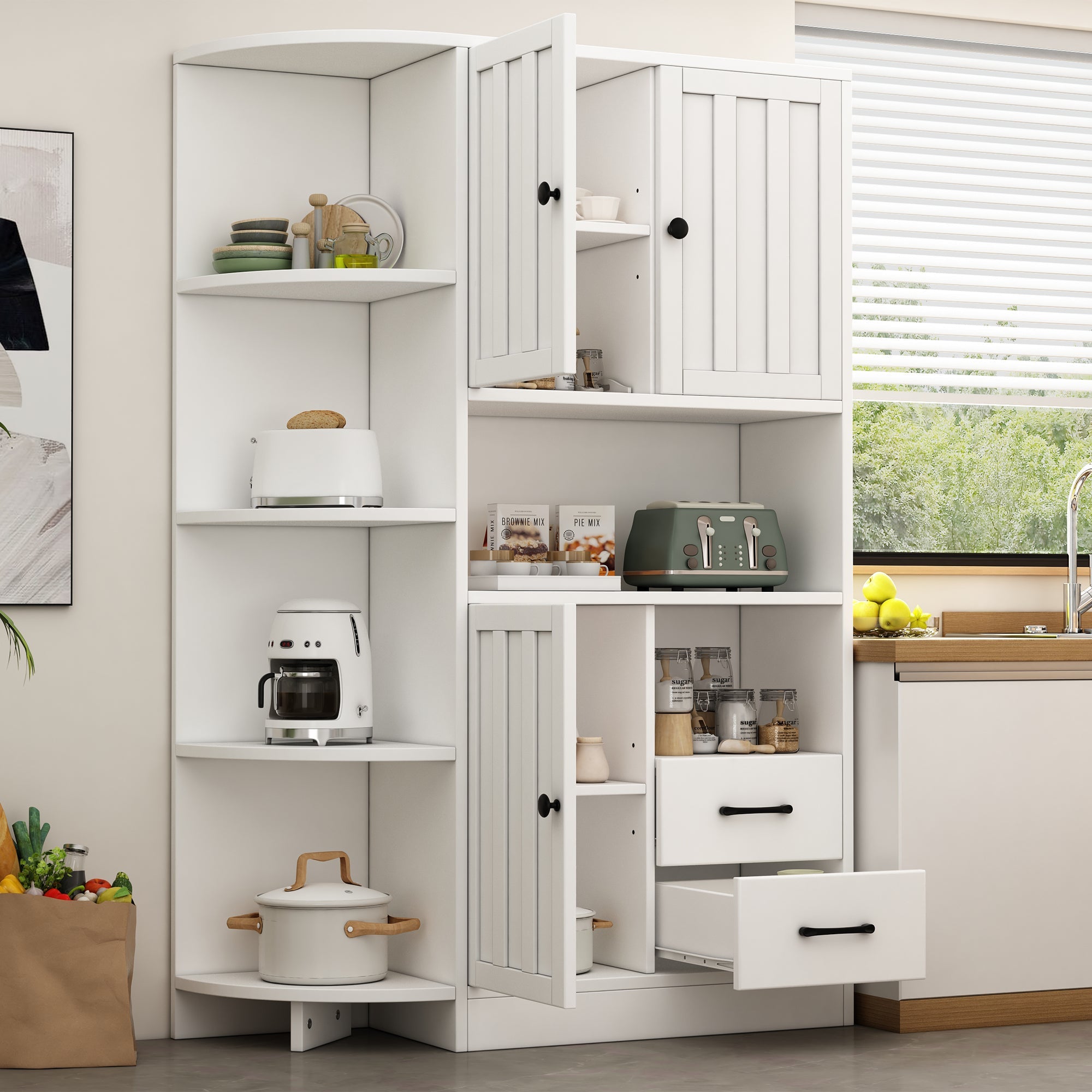 Logidon corner cabinet white 104x35x155 cm display cabinet 3 doors 2 drawers