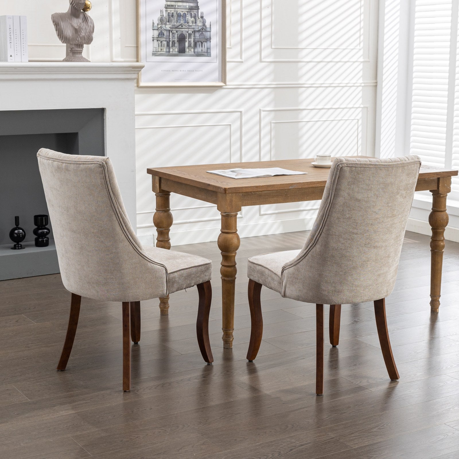Logidon beige chenille eetkamerstoelen set van 2 massief houten poten