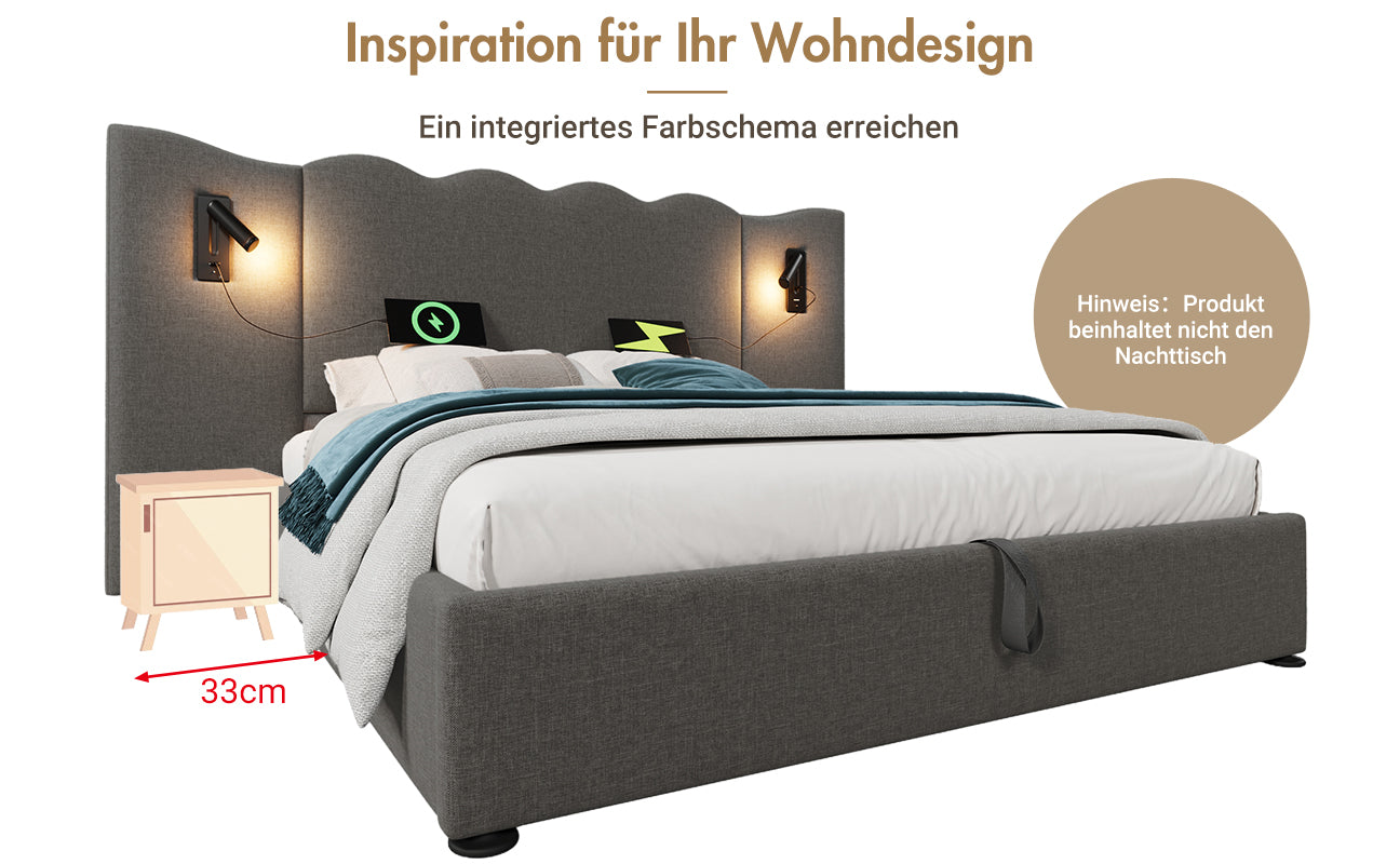 Logidon gestoffeerd bed 160x200 grijs linnen met USB Type C oplaadfunctie