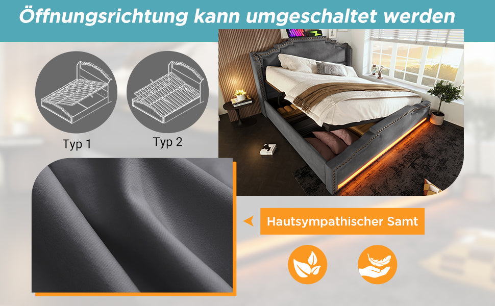 Logidon gestoffeerd bed 140x200 grijs LED-licht met hydraulische opbergruimte
