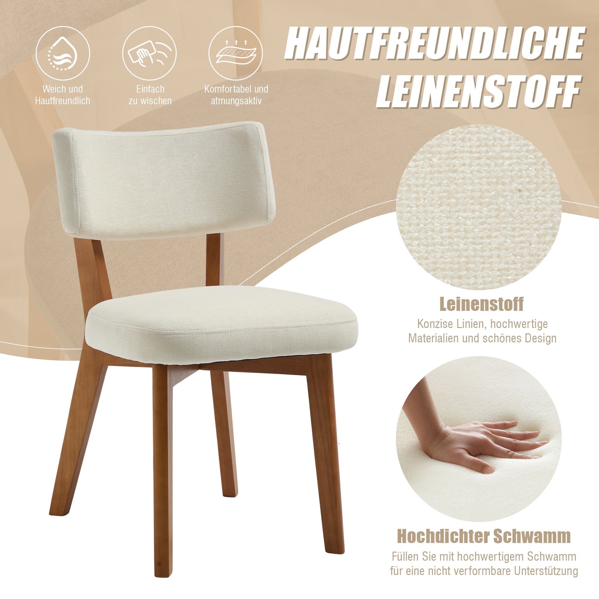 Logidon Set van 2 eetkamerstoelen Modern Retro met massief houten poten Beige