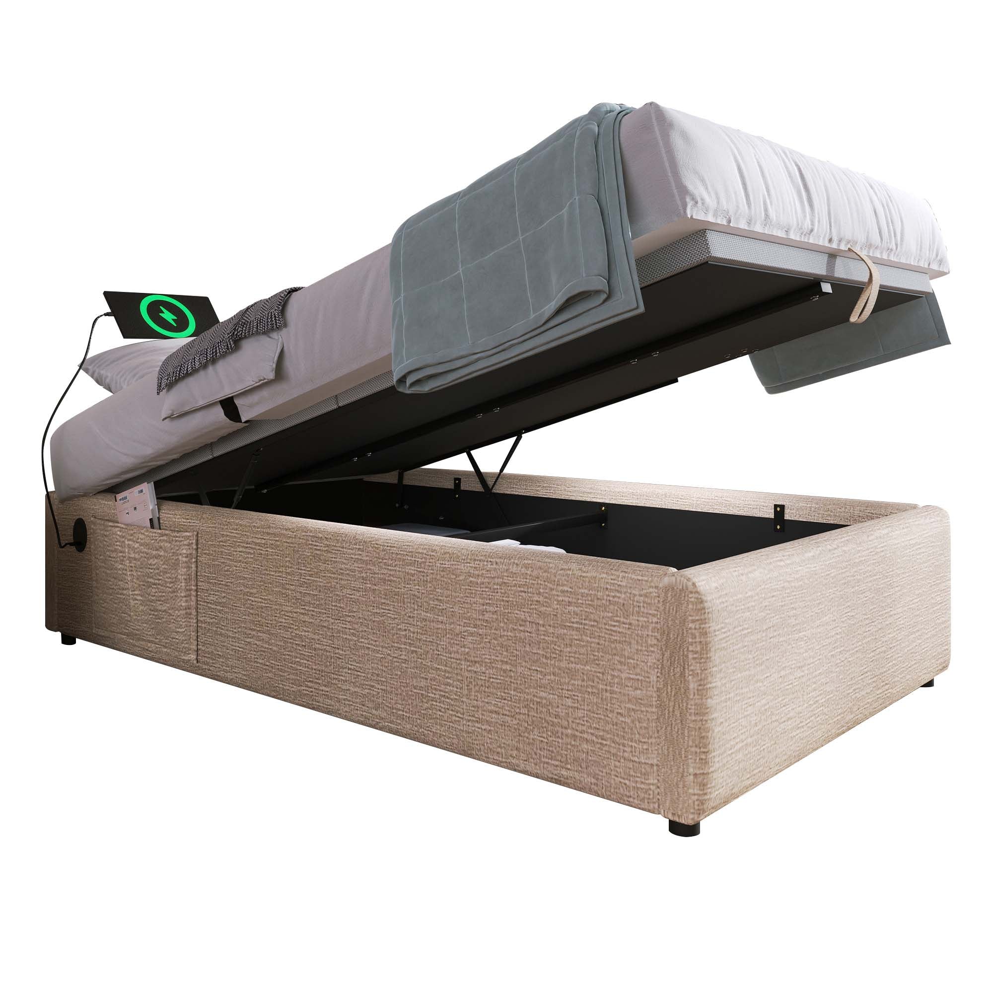 Logidon gestoffeerd bed 90x200 naturel linnen USB C opladen volledige lattenbodem