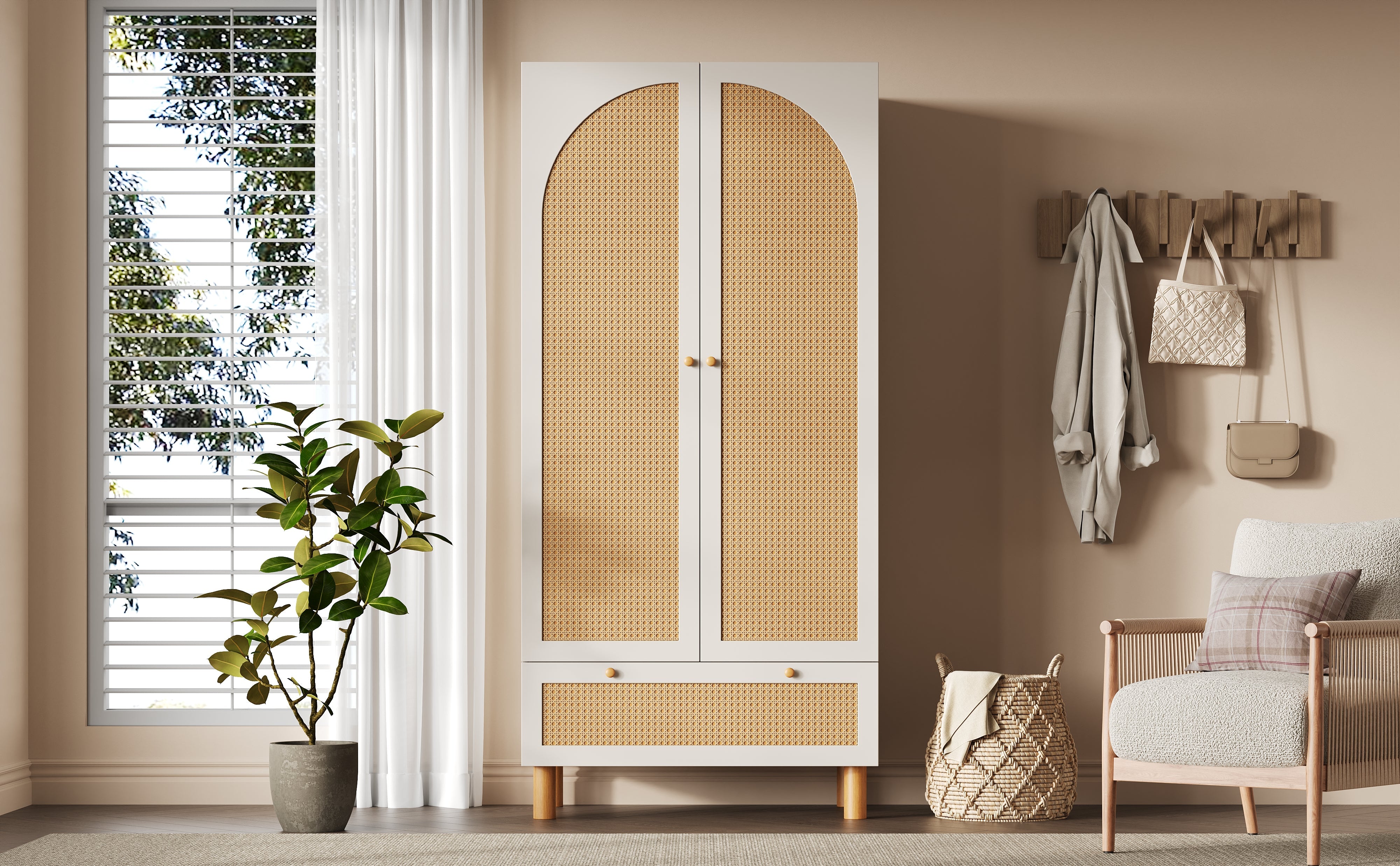 Logidon kledingkast wit met rotan deuren 180x85x52 cm landelijke stijl