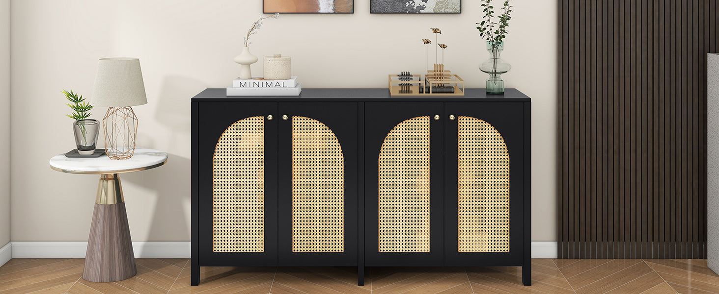 Logidon Dressoir Zwart Met Rotan Deuren Modern Buffet 145x40x80