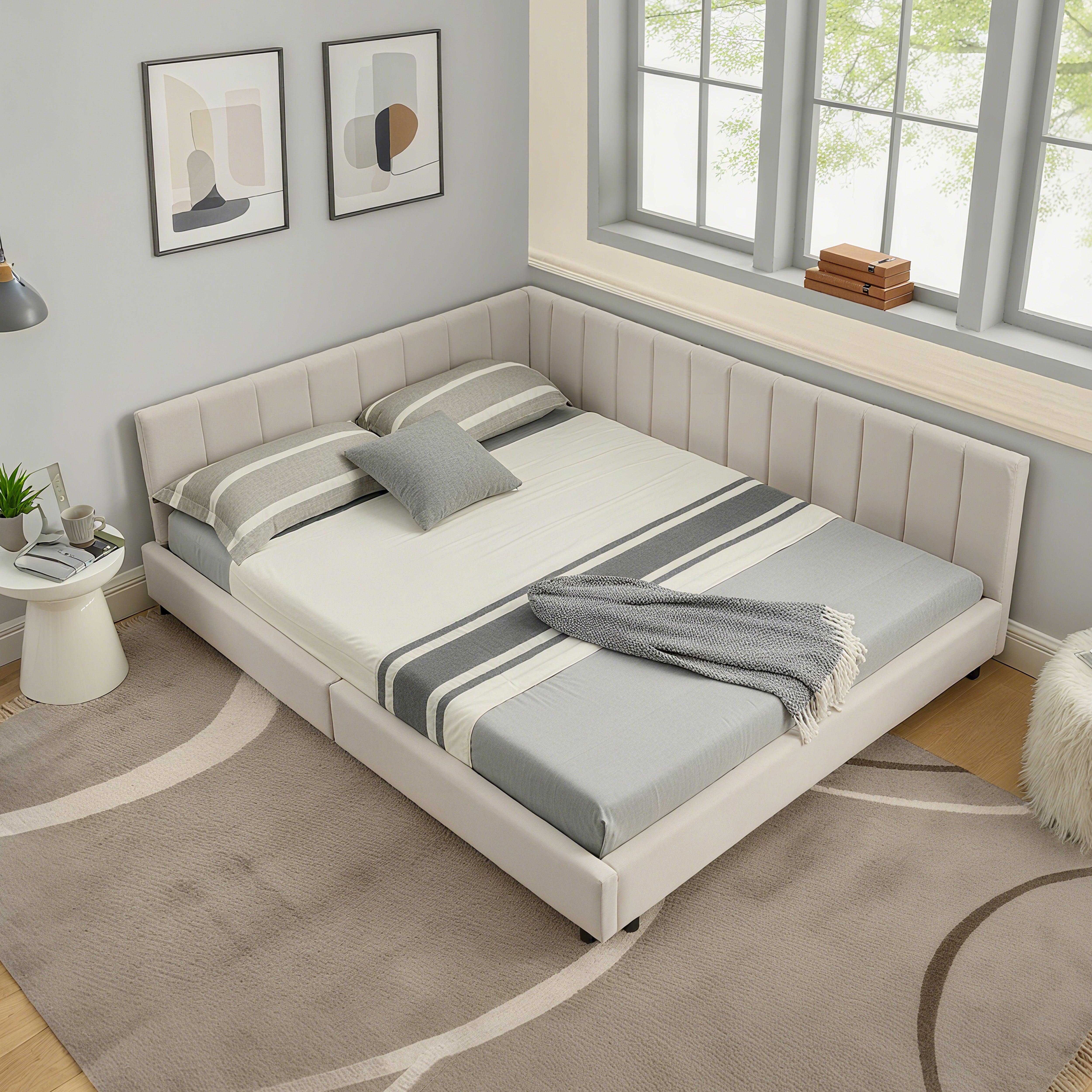 Logidon tweepersoonsbed 160x200 cm beige fluwelen oppervlak hoge rugleuning