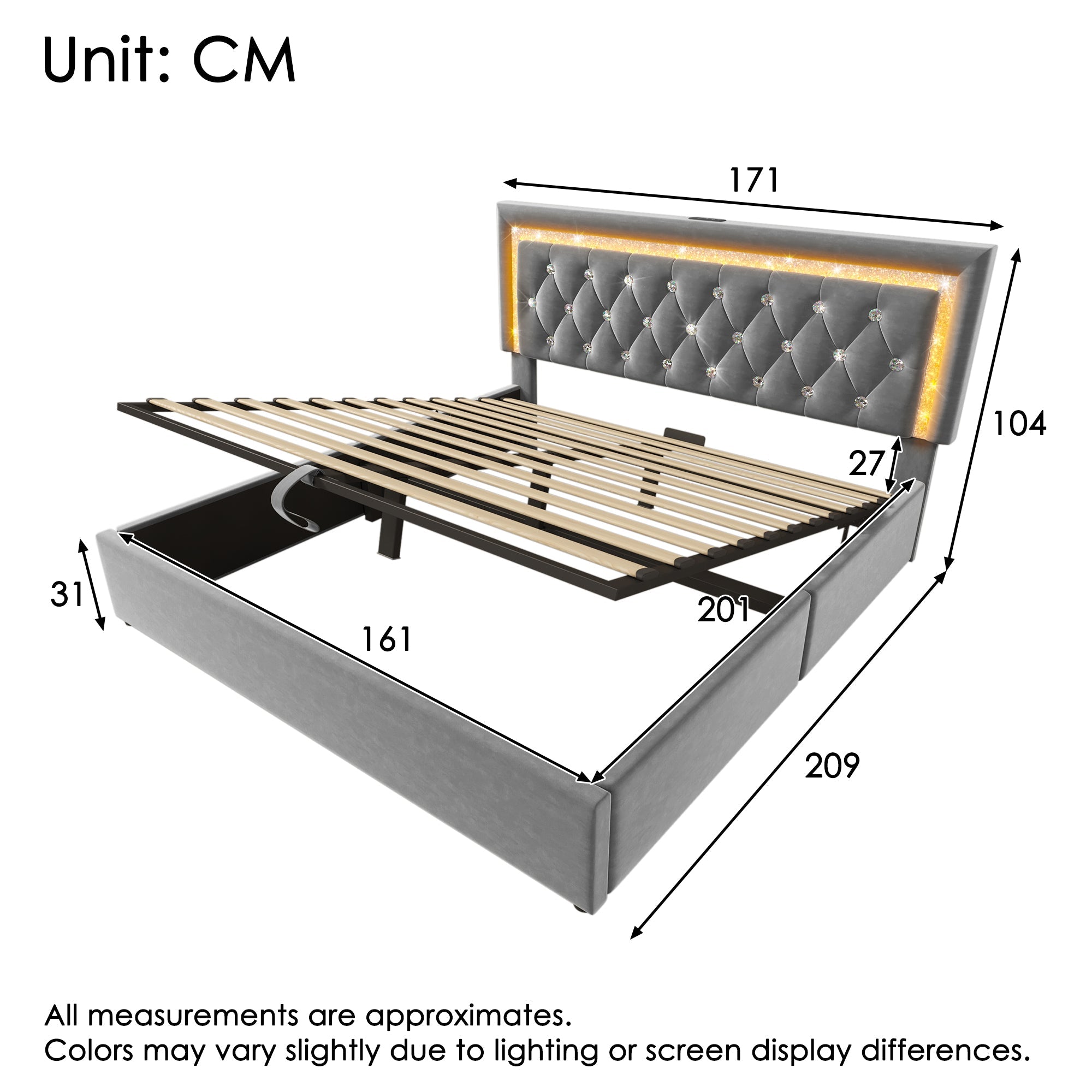 Logidon gestoffeerd bed 160x200 cm grijs met LED diamantband en USB