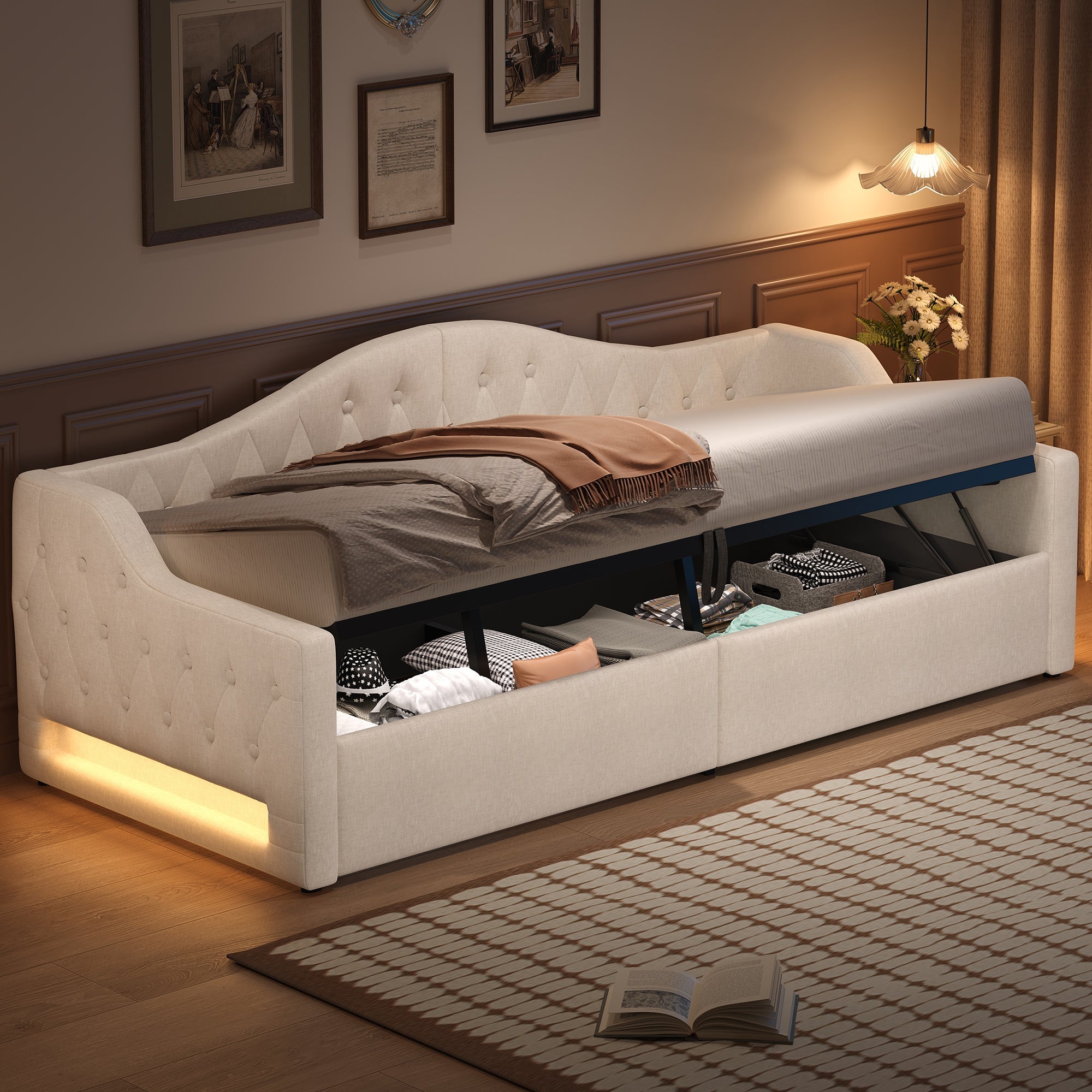 Logidon gestoffeerd dagbed 90x200 beige met opbergruimte met LED-verlichting