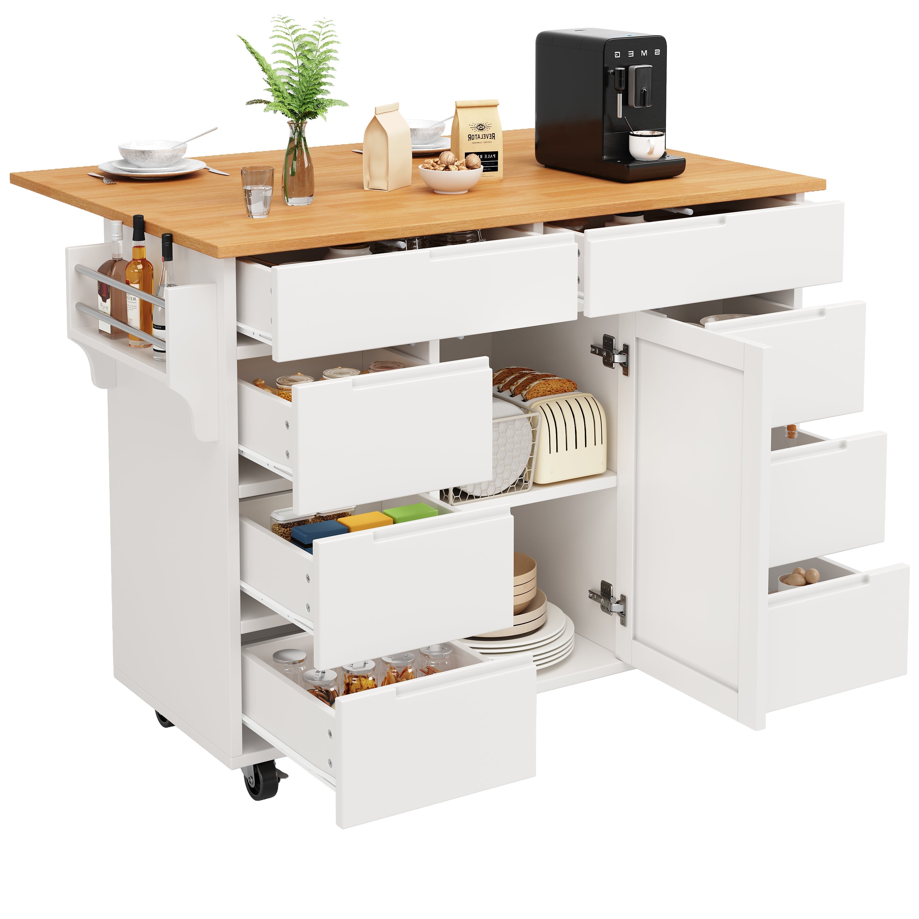 Logidon Modern Keukeneiland Uitschuifbare Keukentrolley Wit 8 Laden