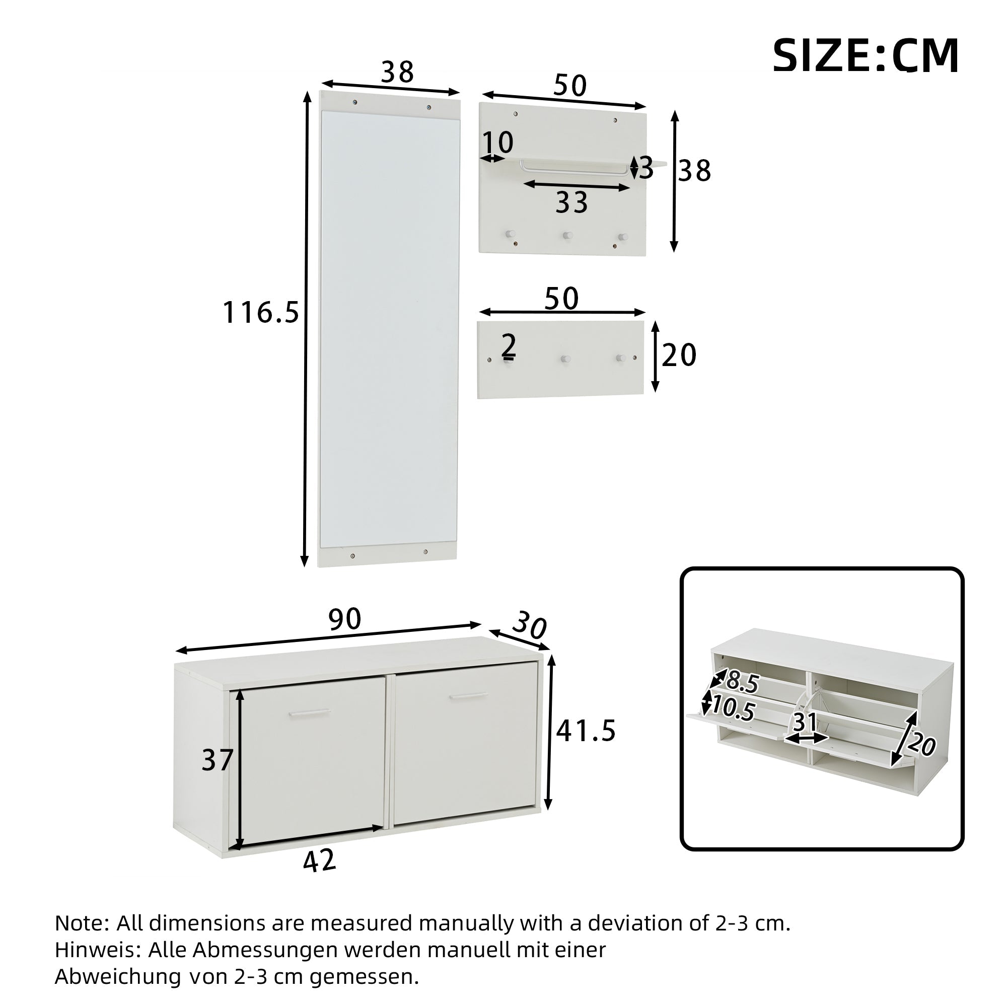 Logidon kledingkastset 4-delige spiegel schoenenkast wit 90x30x41,5 cm
