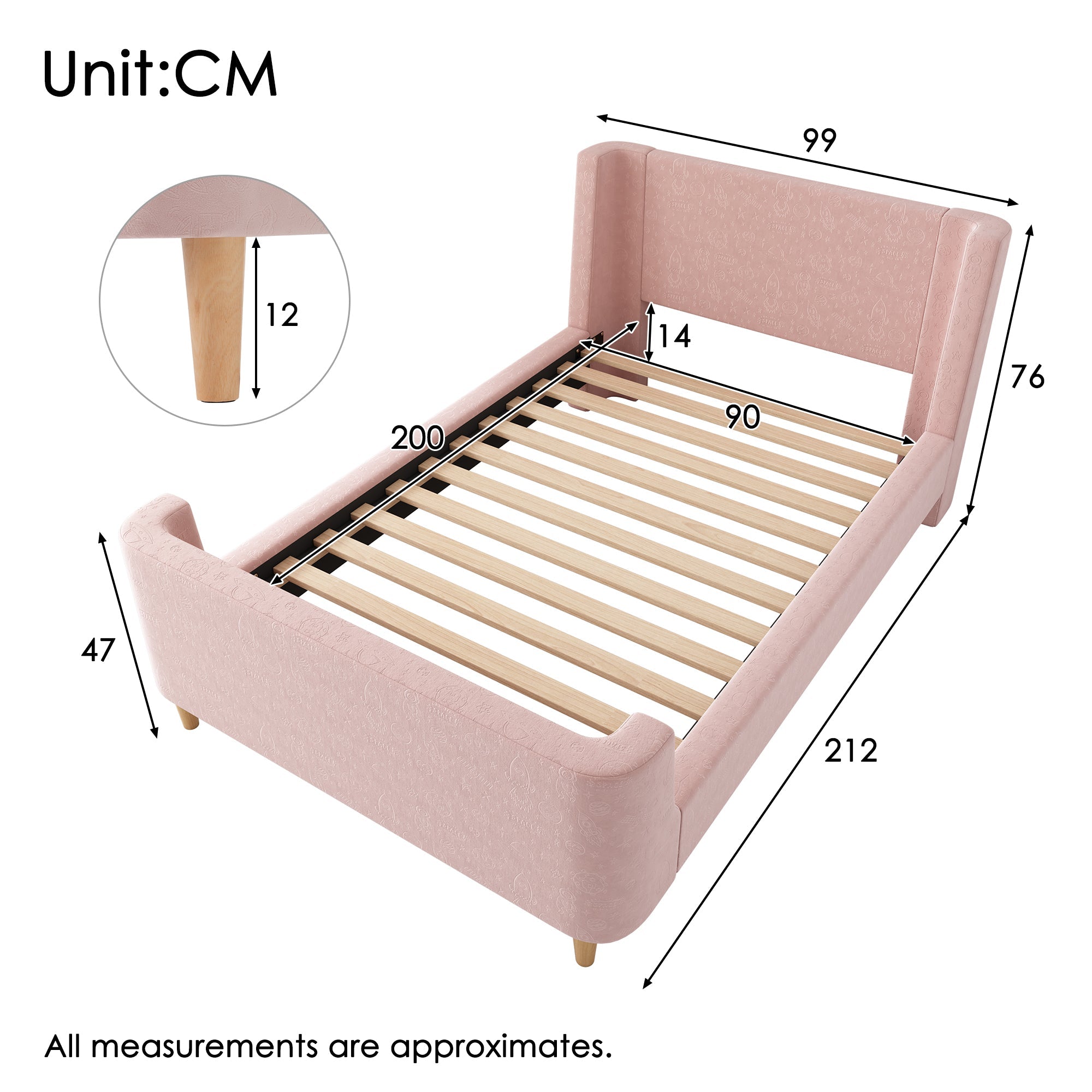 Logidon kinderbed gestoffeerd bed 90x200 roze fluweel sleebed Kosmos