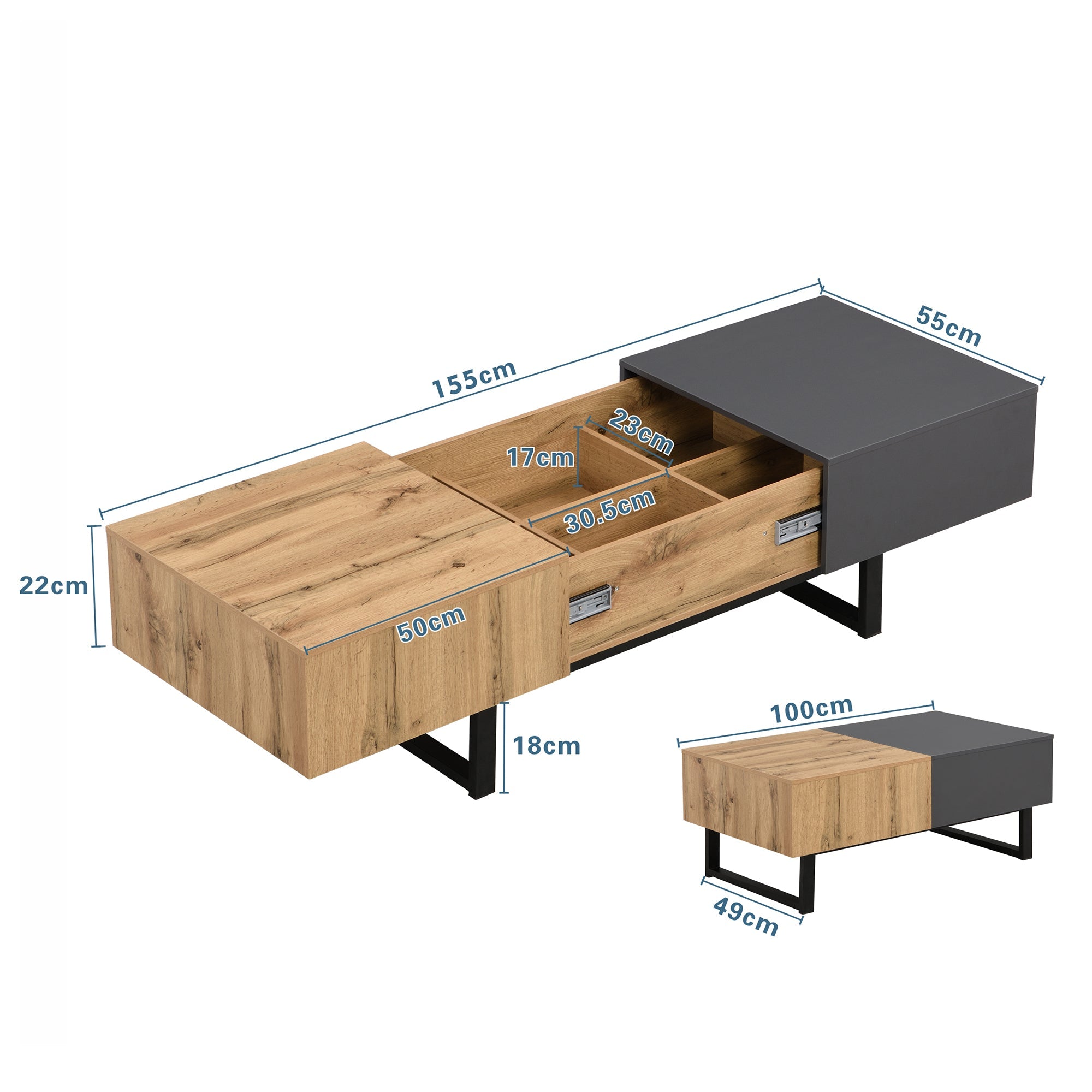 Logidon Salontafel met verschuifbare opbergruimte 155x55x22 cm