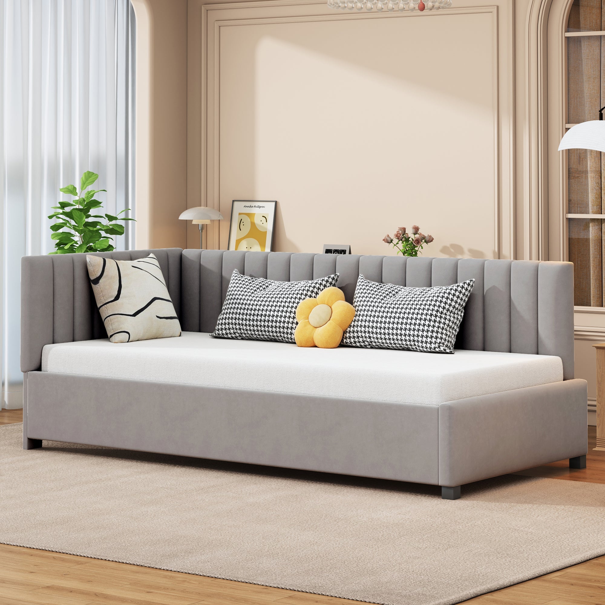 Logidon gestoffeerd bed 90x200 grijs met lattenbodem multifunctioneel bed