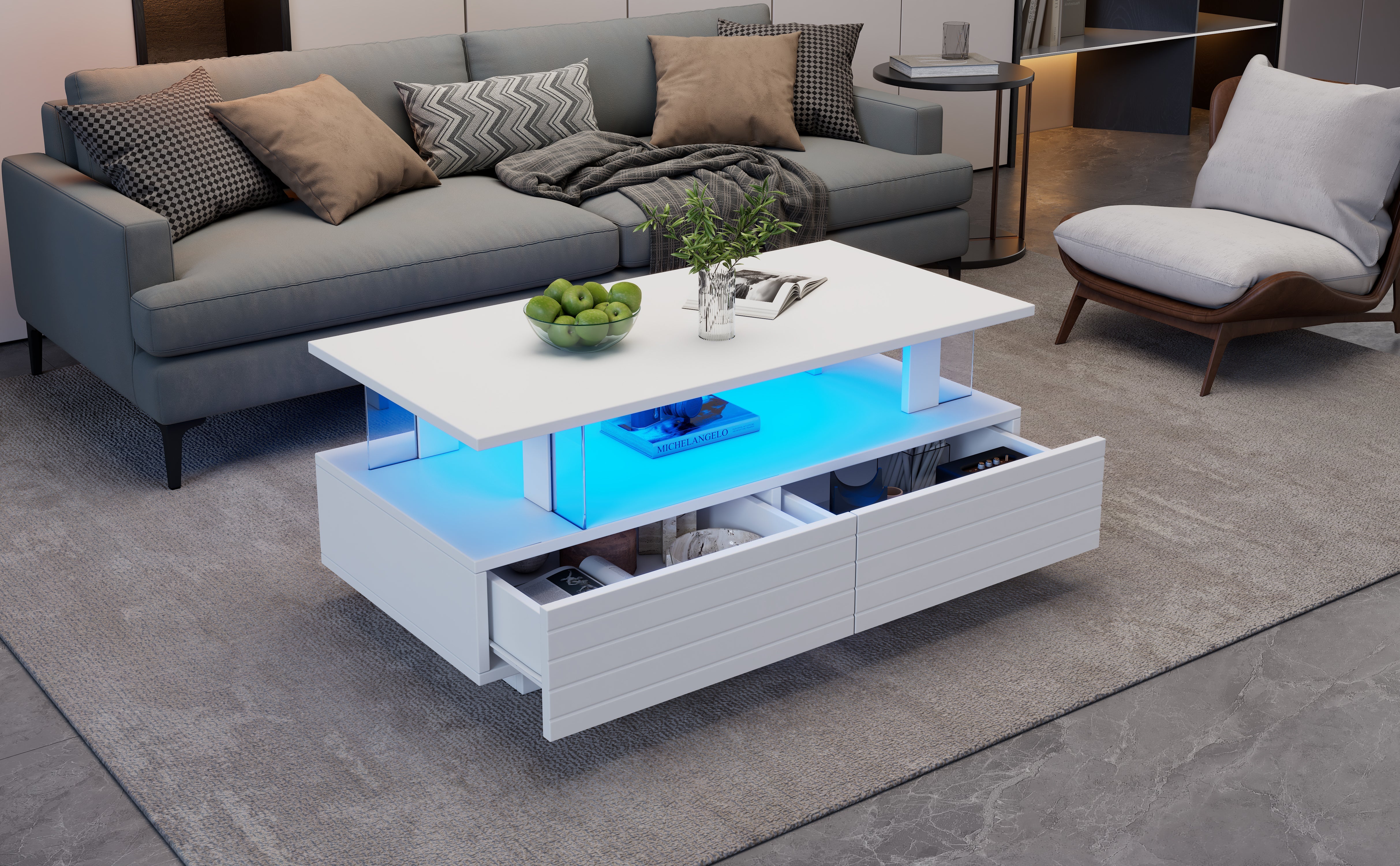 Logidon Witte LED Salontafel met Opbergruimte Bluetooth App Bediening 100x50x42 Cm