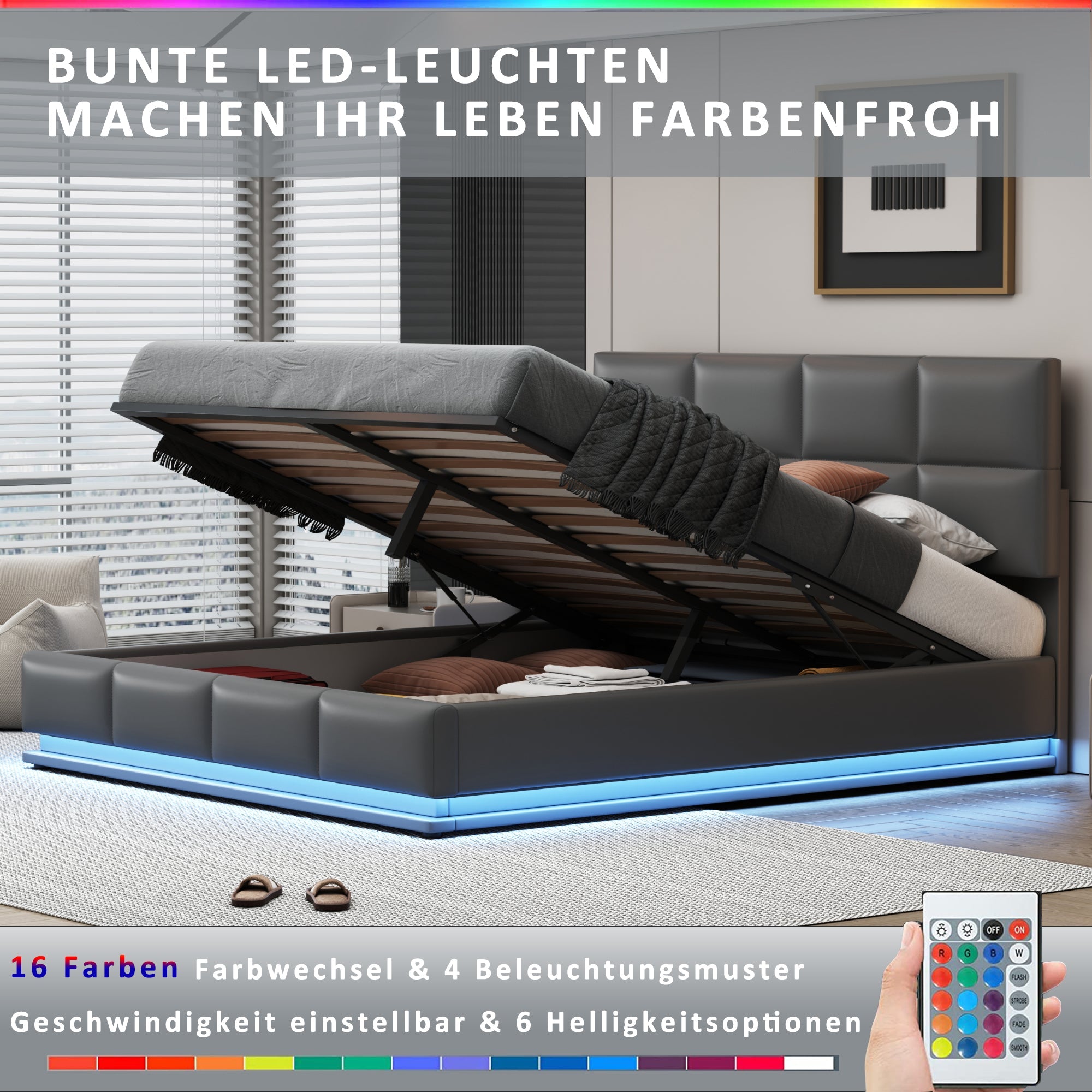 Logidon gestoffeerd bed 180x200 grijs met LED lichtstrip opbergruimte