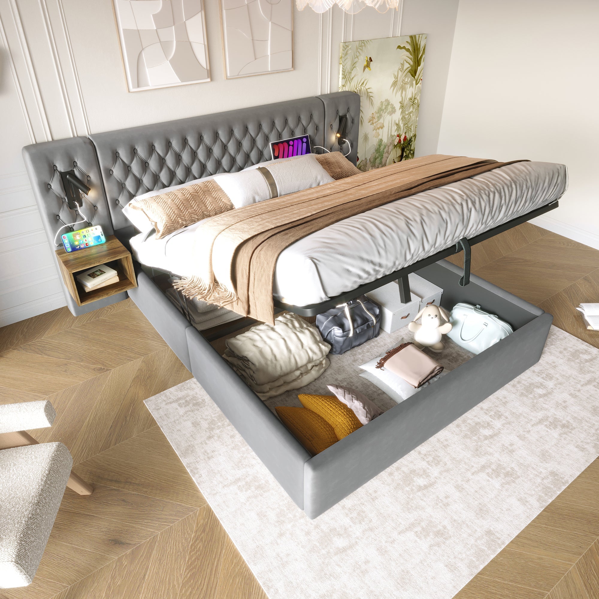 Logidon bed system 160x200 cm upholstered bed with storage space gray velvet