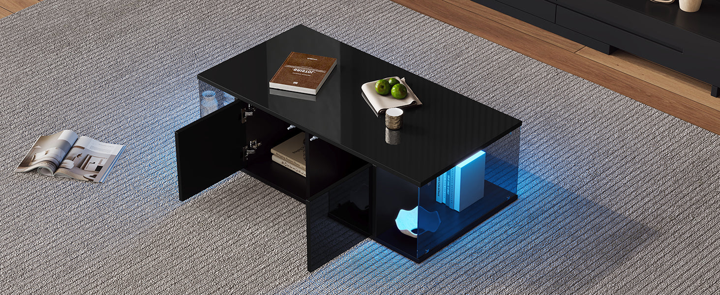 Logidon salontafel 100x50x30 cm zwart hoogglans LED 2 kasten