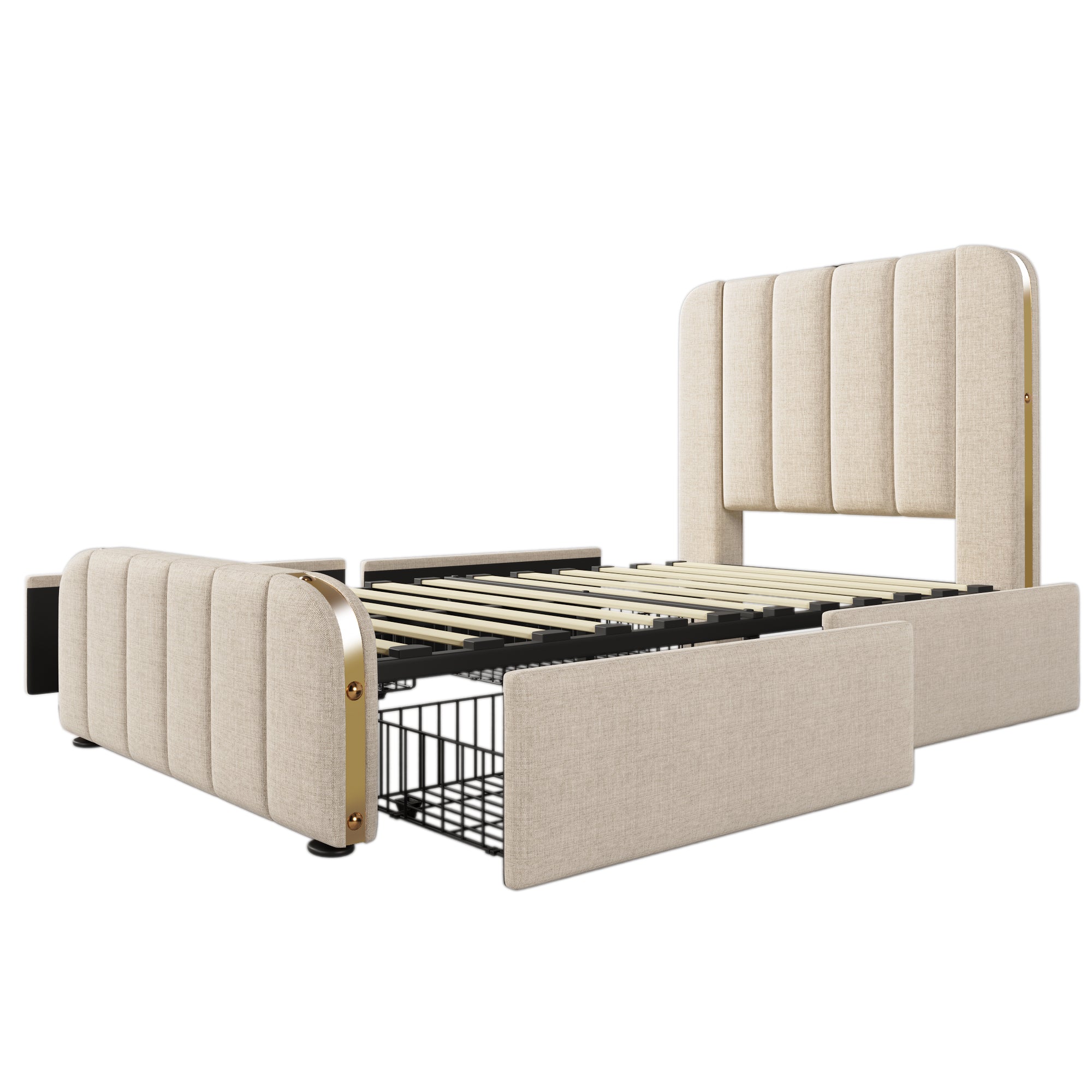 Logidon gestoffeerd bed 90x200 beige USB Type C oplaadfunctie 4 lades