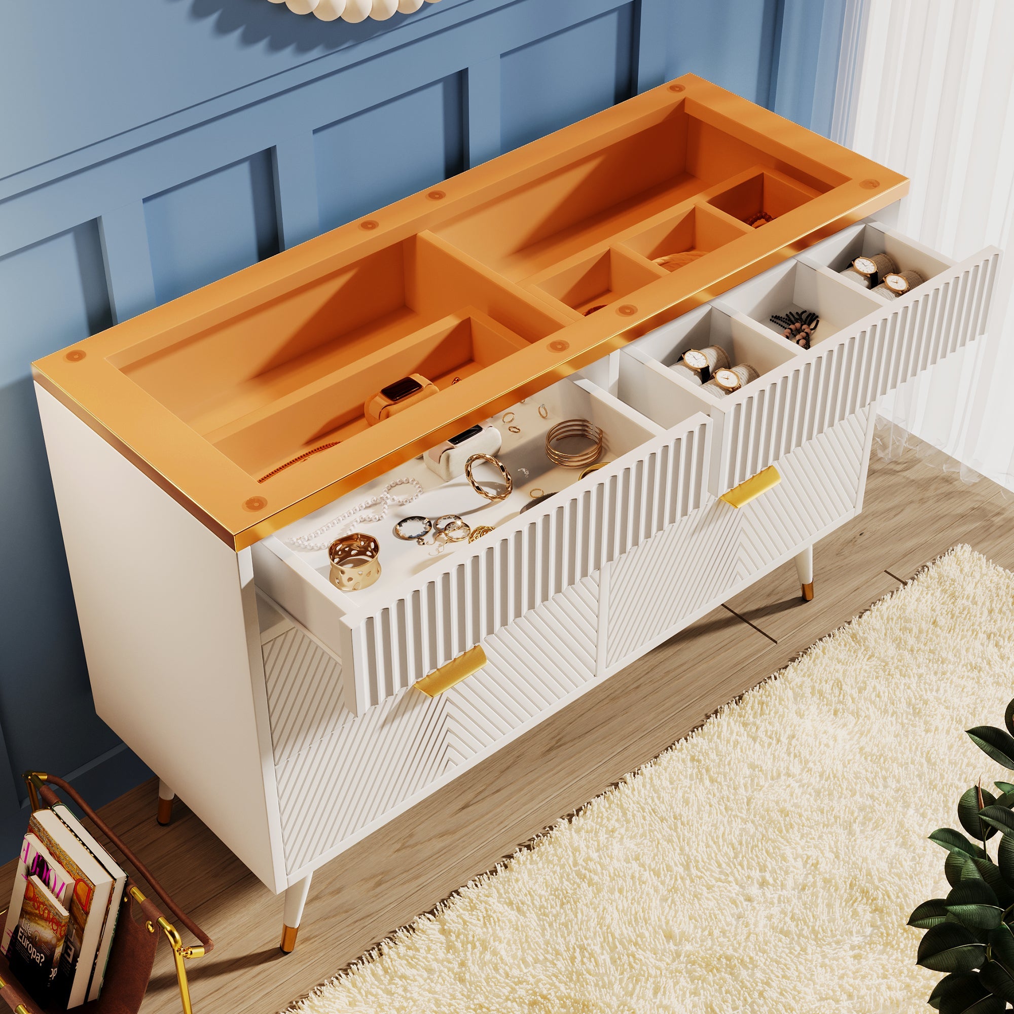 Logidon ladekast amber glazen dressoir 6 lades 120x40x76 wit