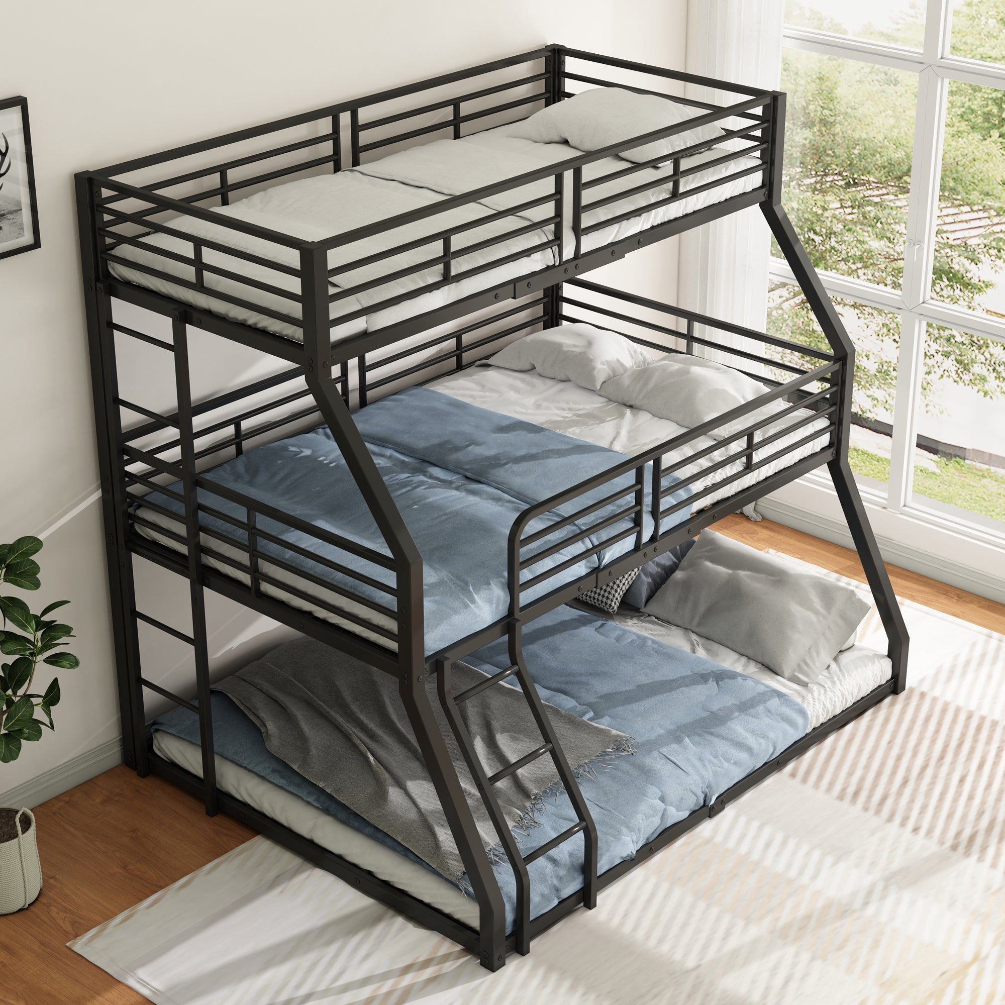 Logidon 3-persoonsstapelbed 90x200 cm metalen bedframe zwart