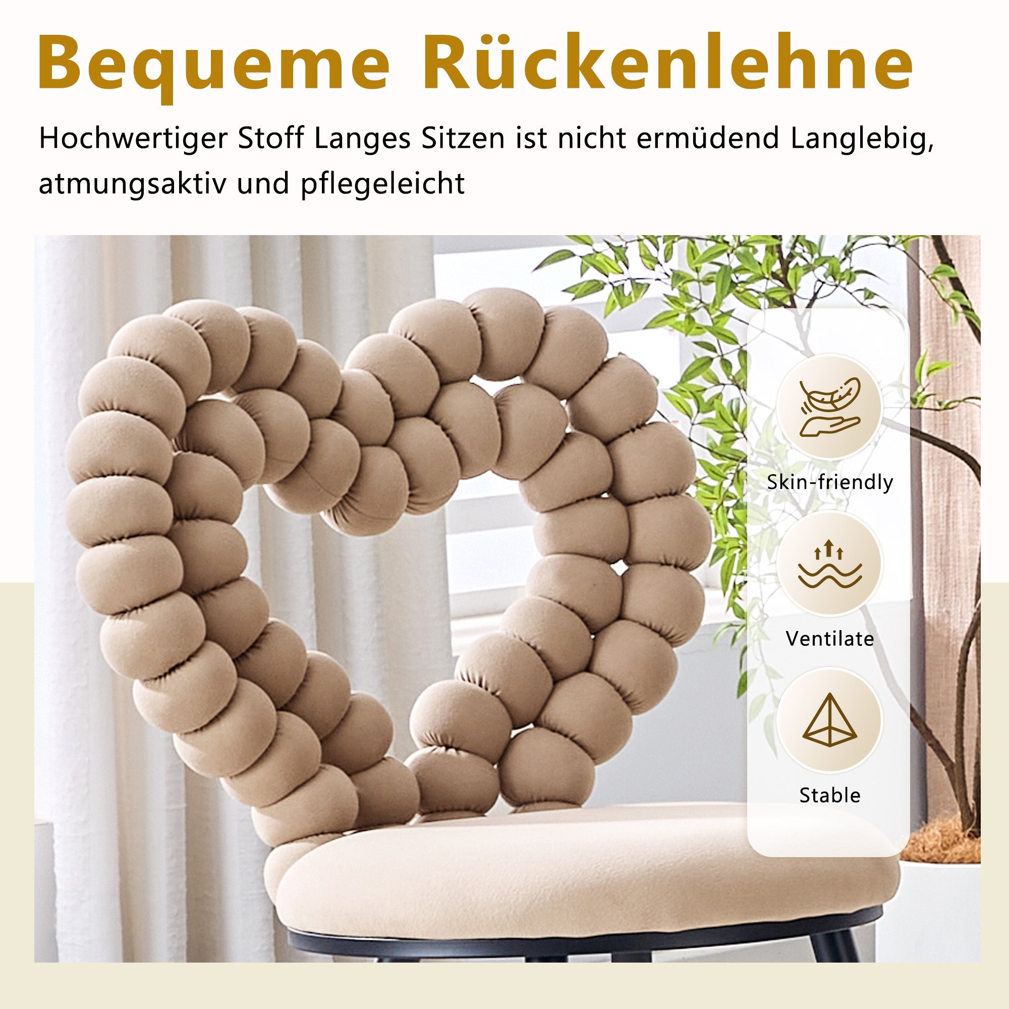 Logidon Kameelfluwelen eetkamerstoelenset met 2 beige hartvormige rugleuningen