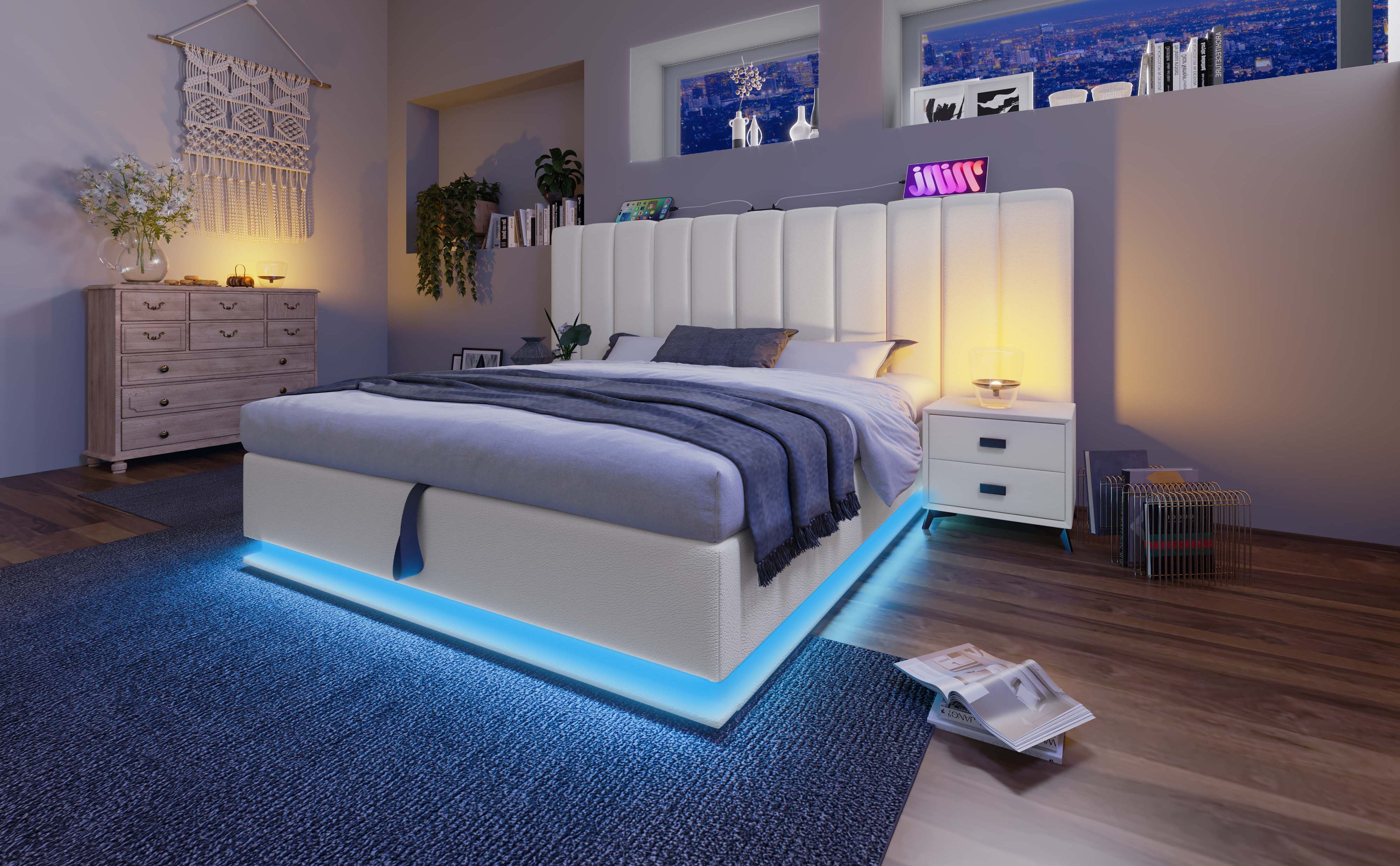 Logidon gestoffeerd bed 180x200 wit met opbergruimte LED app-bedieningsmatras