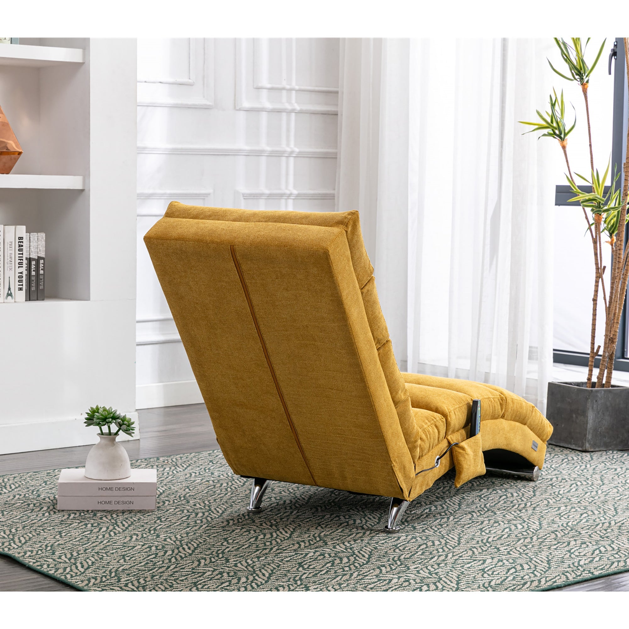 Logidon Linnen Massage Chaise Longue Met Afstandsbediening Mosterdgeel