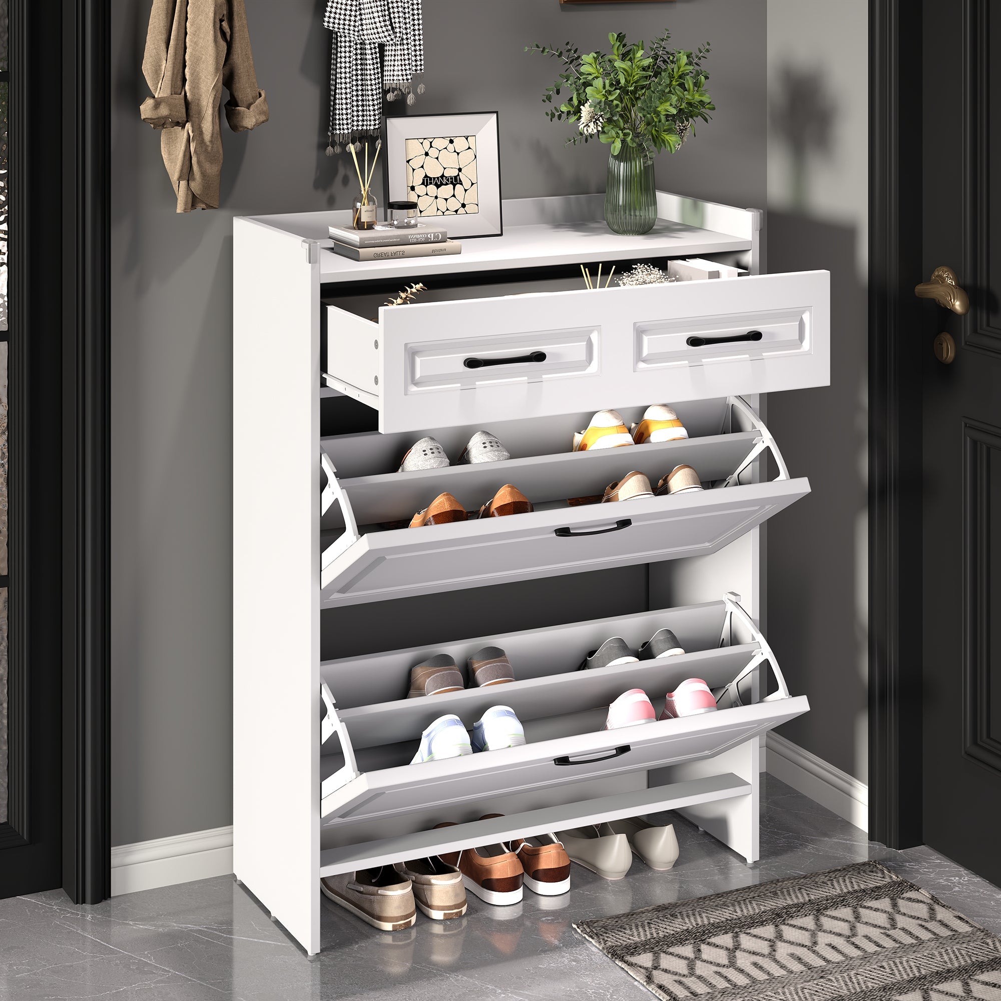 Logidon shoe cabinet white MDF 80 x 34 x 107.5 cm with 4 compartments and 1 drawer