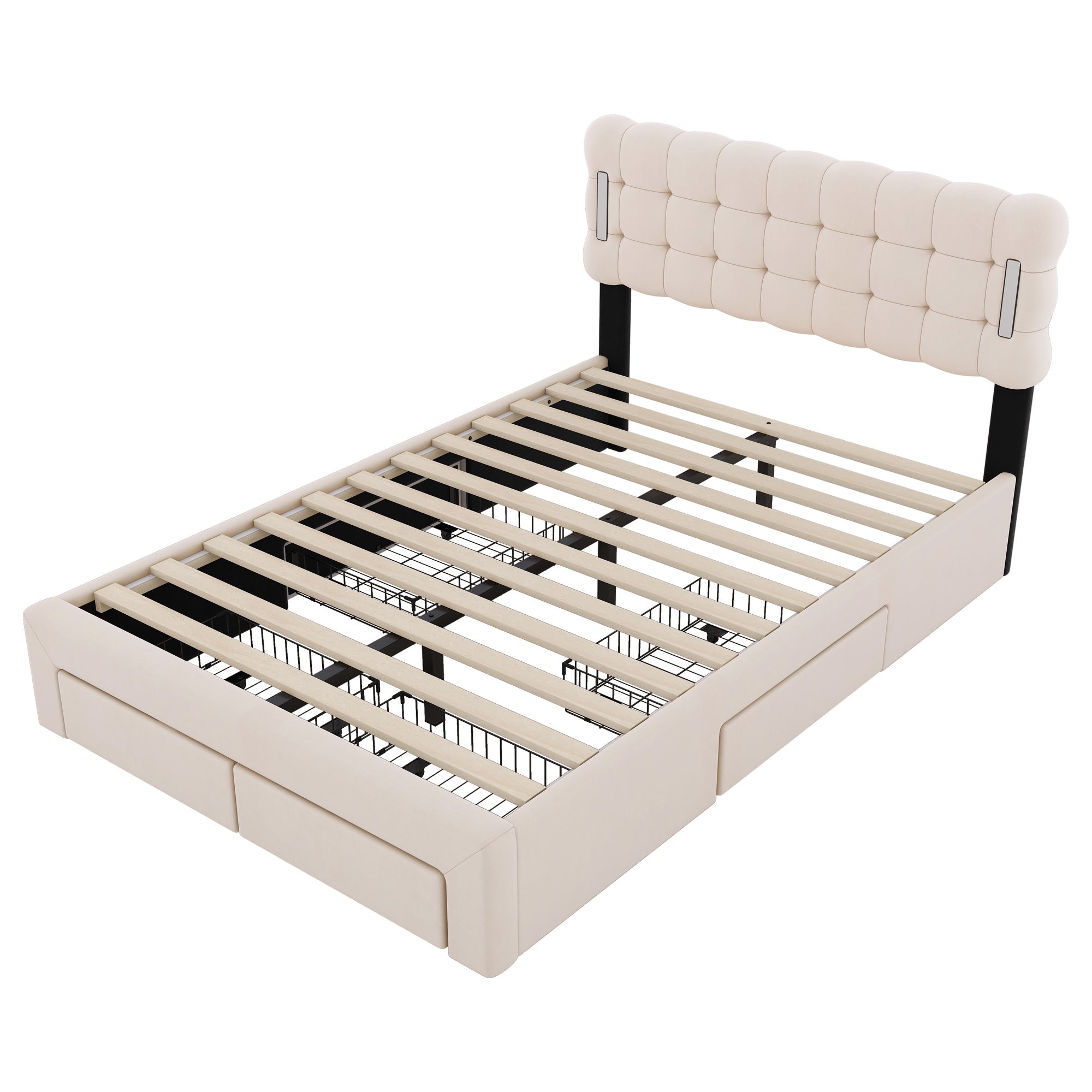 Logidon Flat Bed 140x200 Beige Velvet With Lighting And 4 Drawers