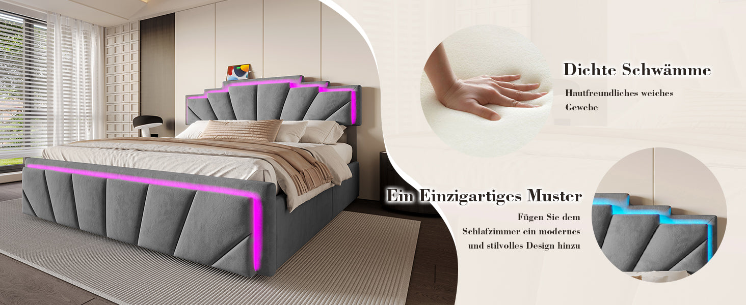 Logidon gestoffeerd bed 160x200 cm donkergrijs fluweel LED-hoofdbord