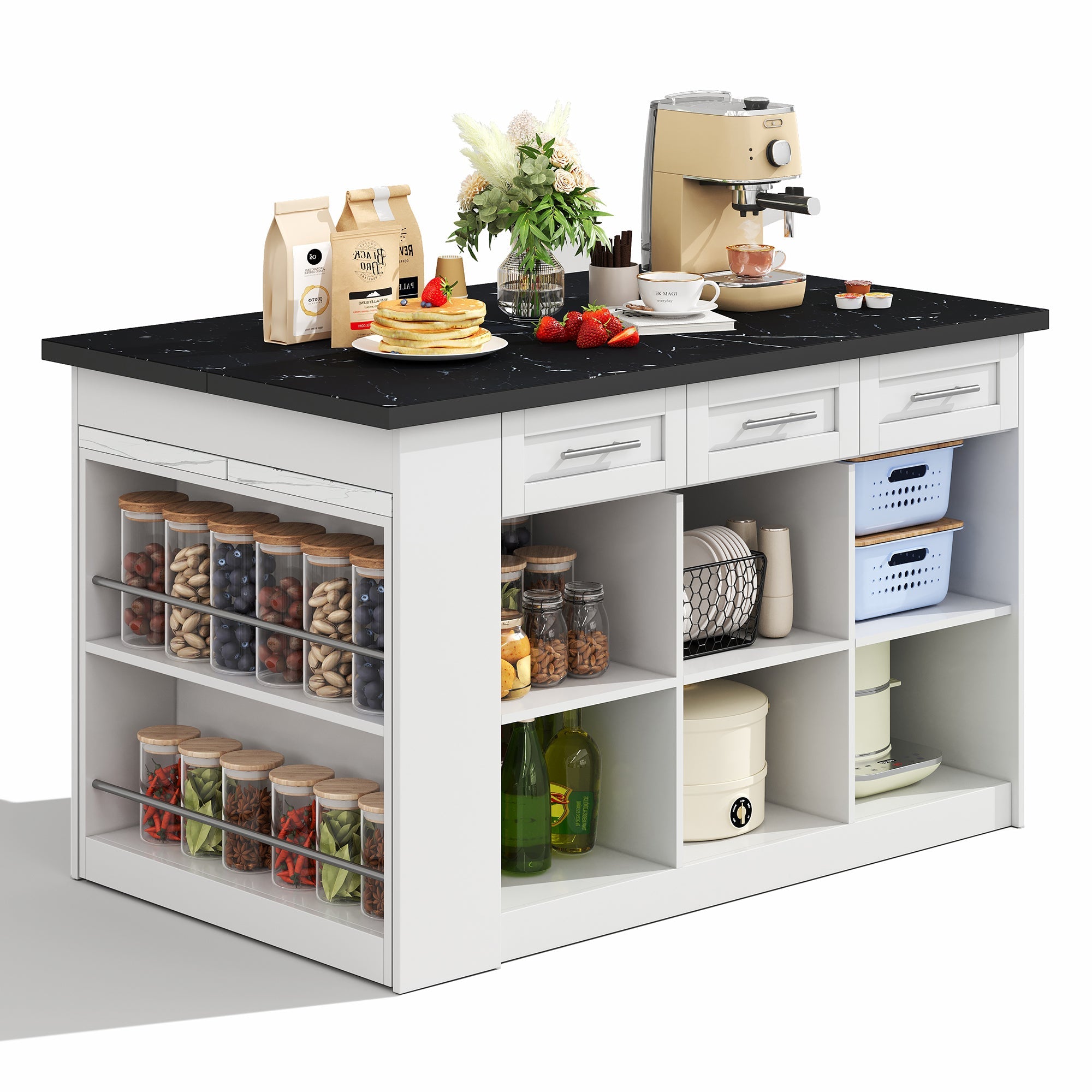 Logidon keukeneiland 150x96 cm wit met marmeren blad uitschuifbare eettafel