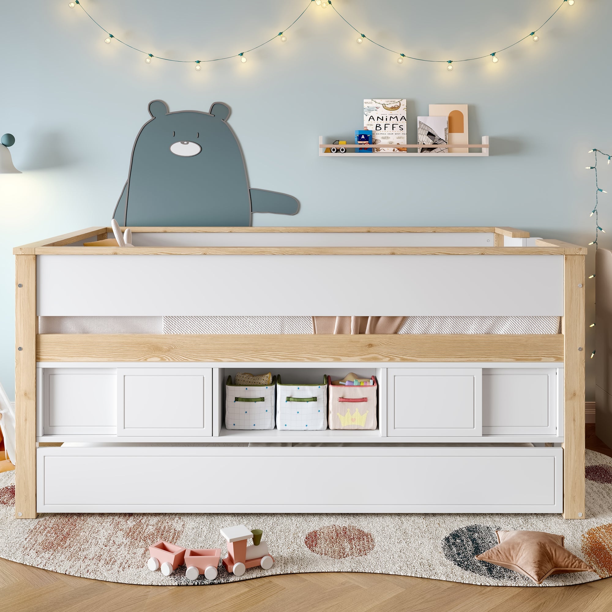 Logidon halfhoogsbed 90x200 wit naturel met onderschuifbed en opbergruimte