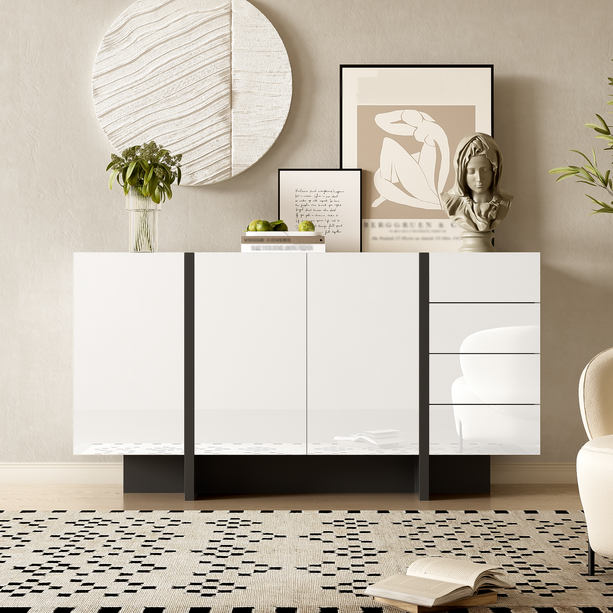 Logidon wit hoogglans dressoir 150x40x80,5 2 deuren 4 lades