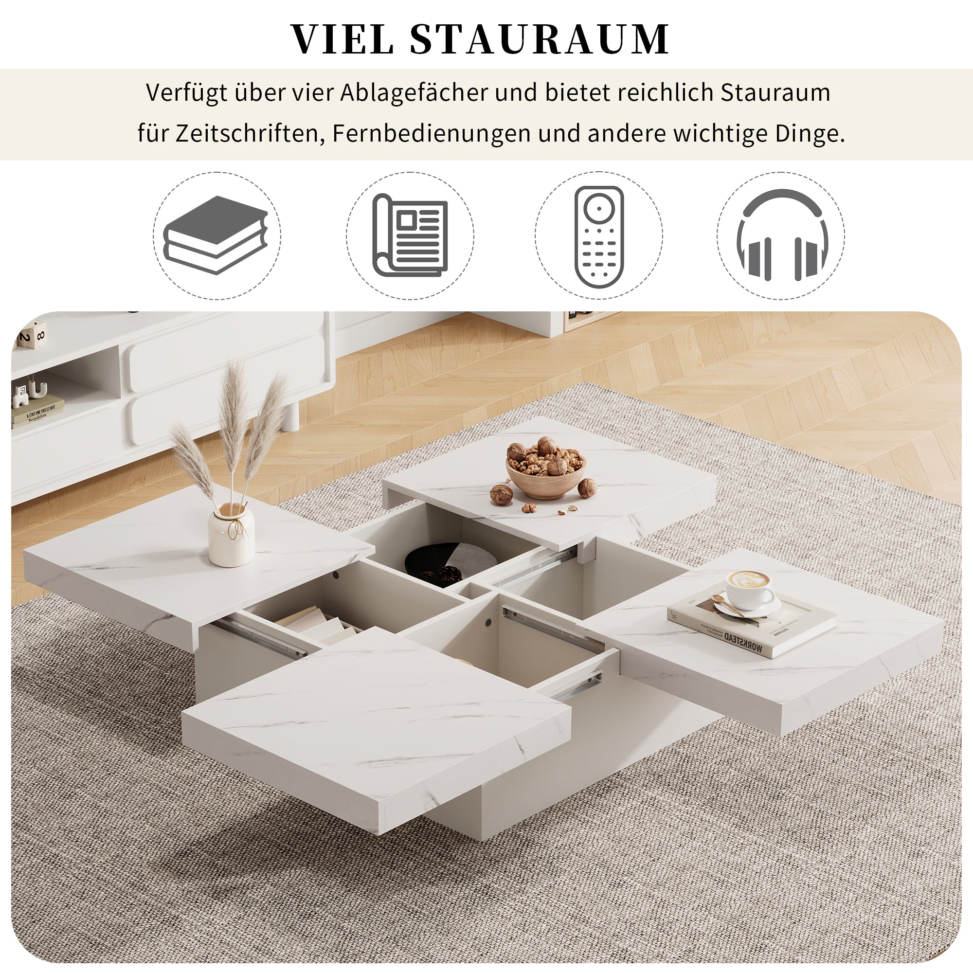 Logidon vierkante salontafel wit marmerlook 90x90x25 cm met lades