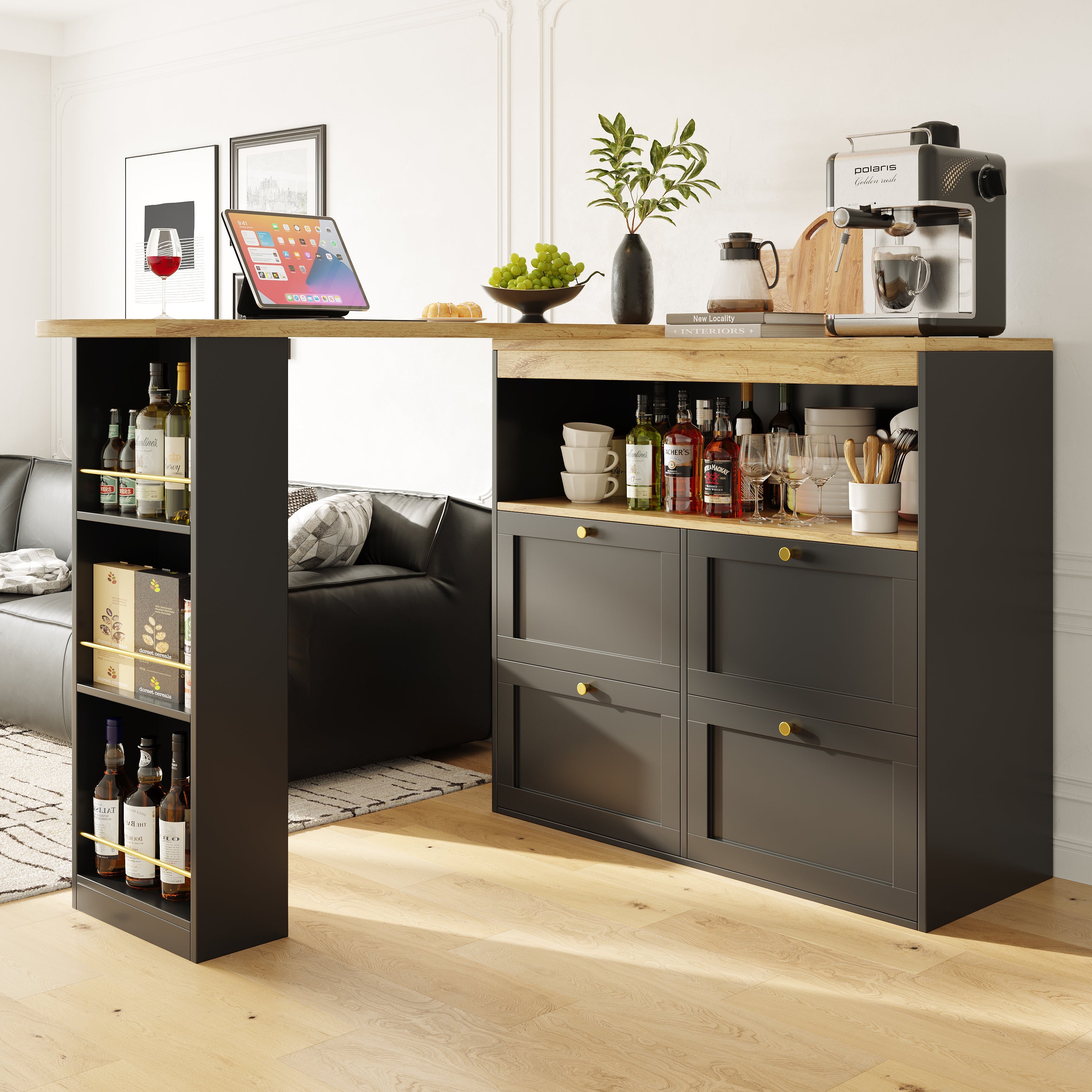 Logidon 360 graden draaibare eetbar zwart 138 cm - 4 lades