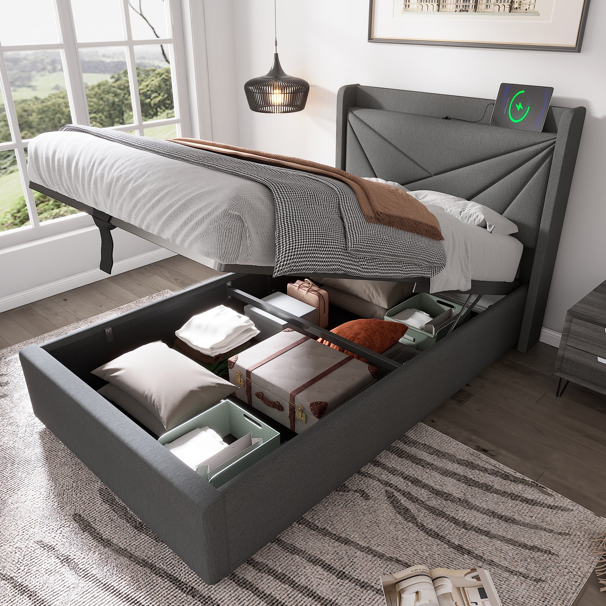 Logidon upholstered bed 90x200 storage space USB Type C charging function gray linen