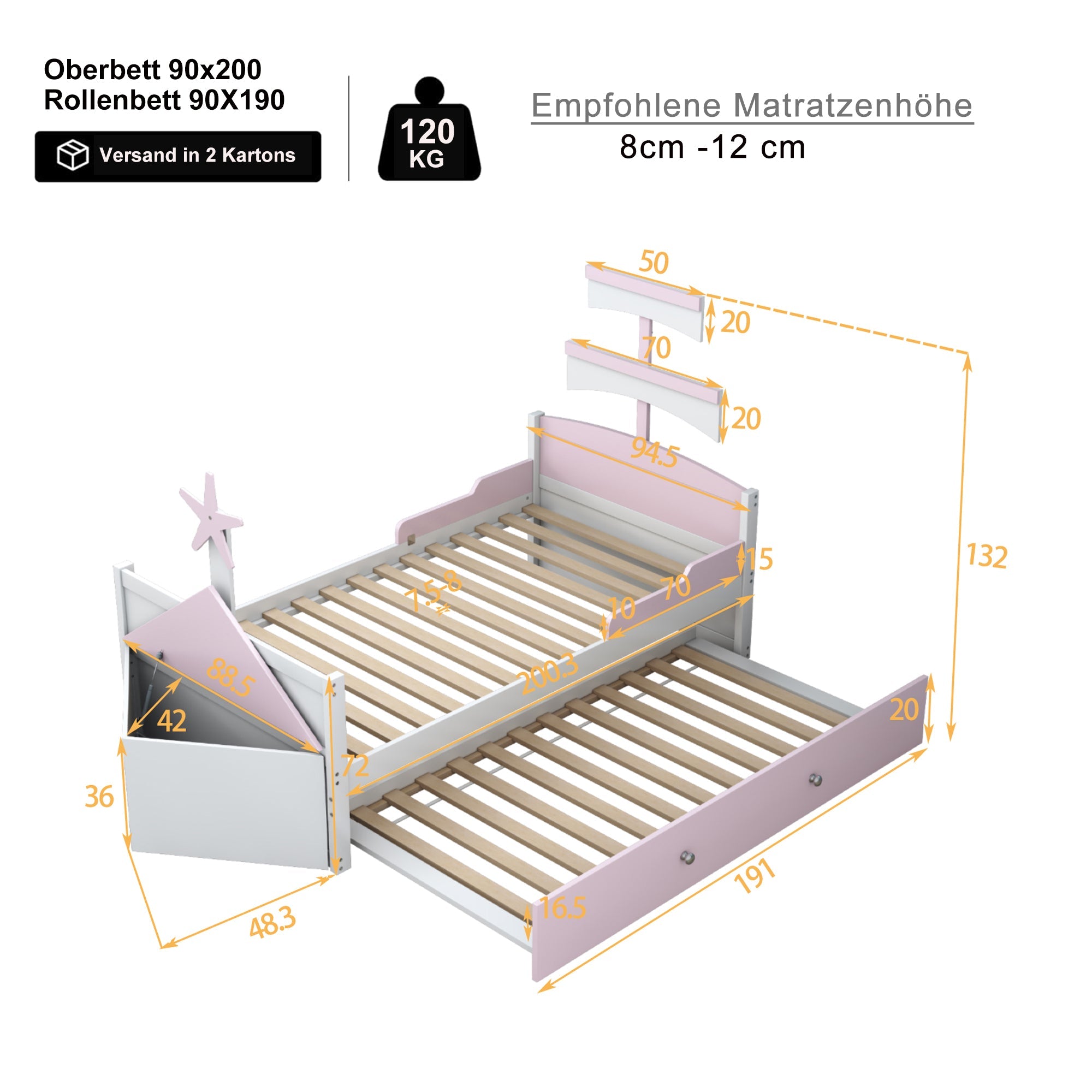 Logidon kinderbed hout roze zeilbootvorm 90x200 met uitschuifbaar bed