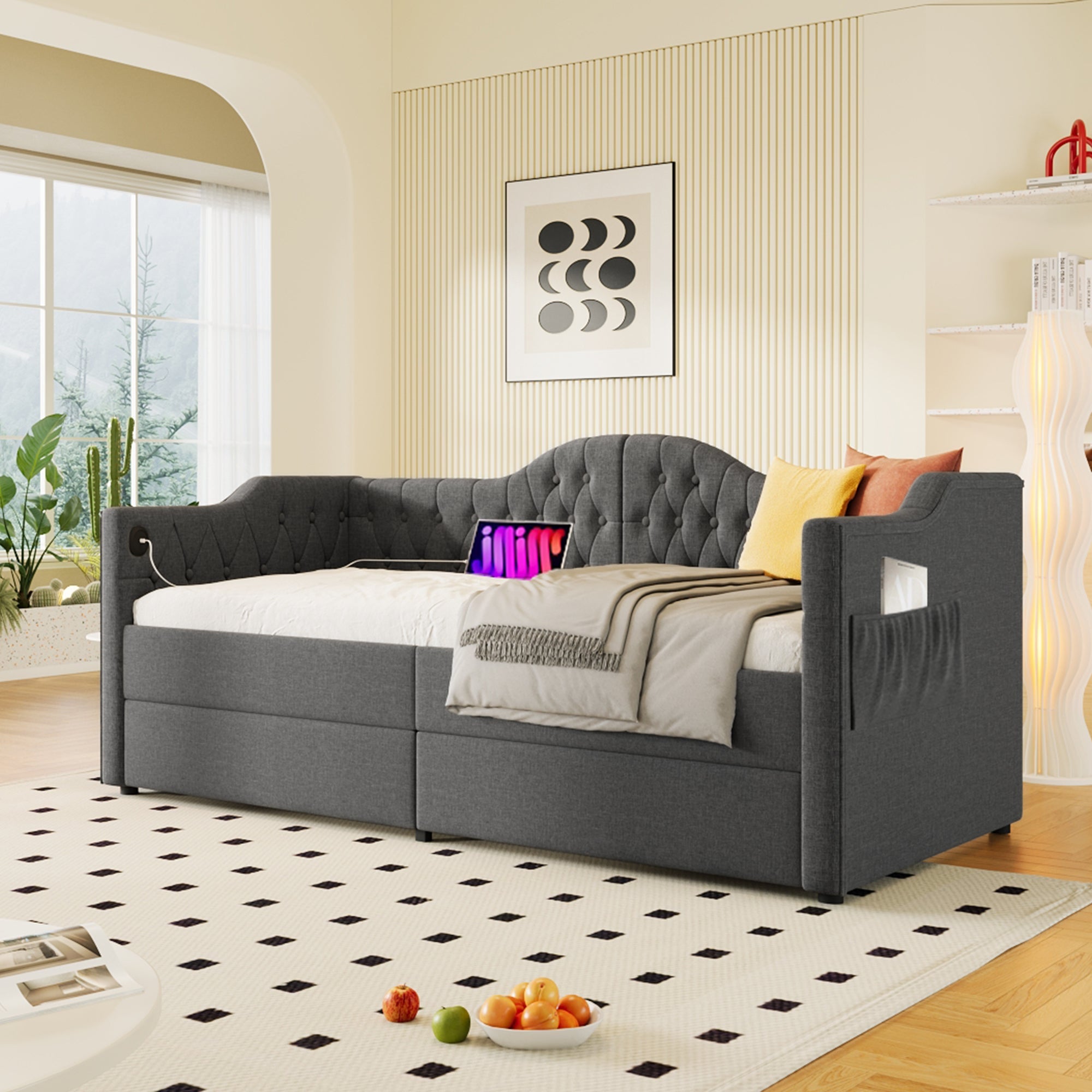 Logidon upholstered daybed 90x200 gray USB-C charging function 2 drawers