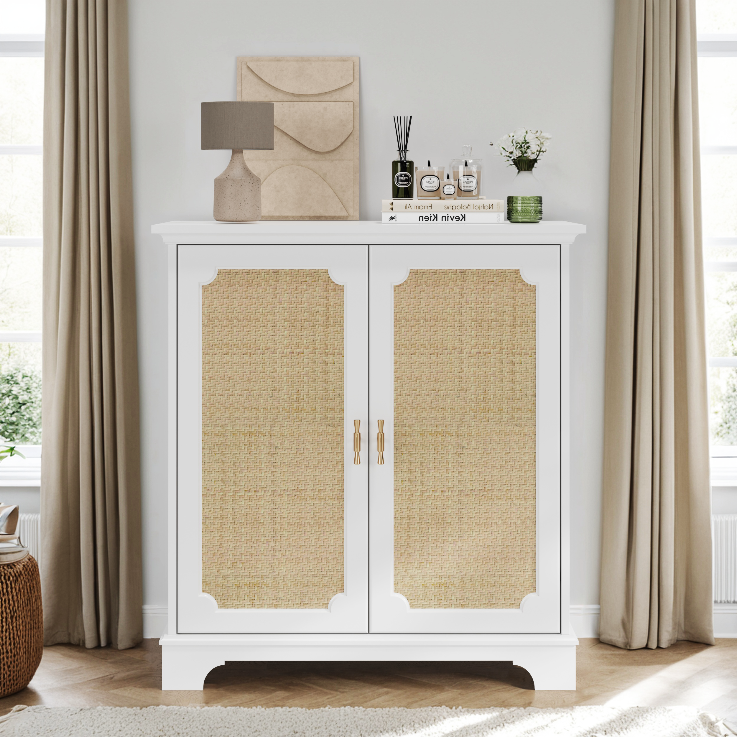 Logidon Dressoir Wit 80x38x86 cm met rotan sierdeuren