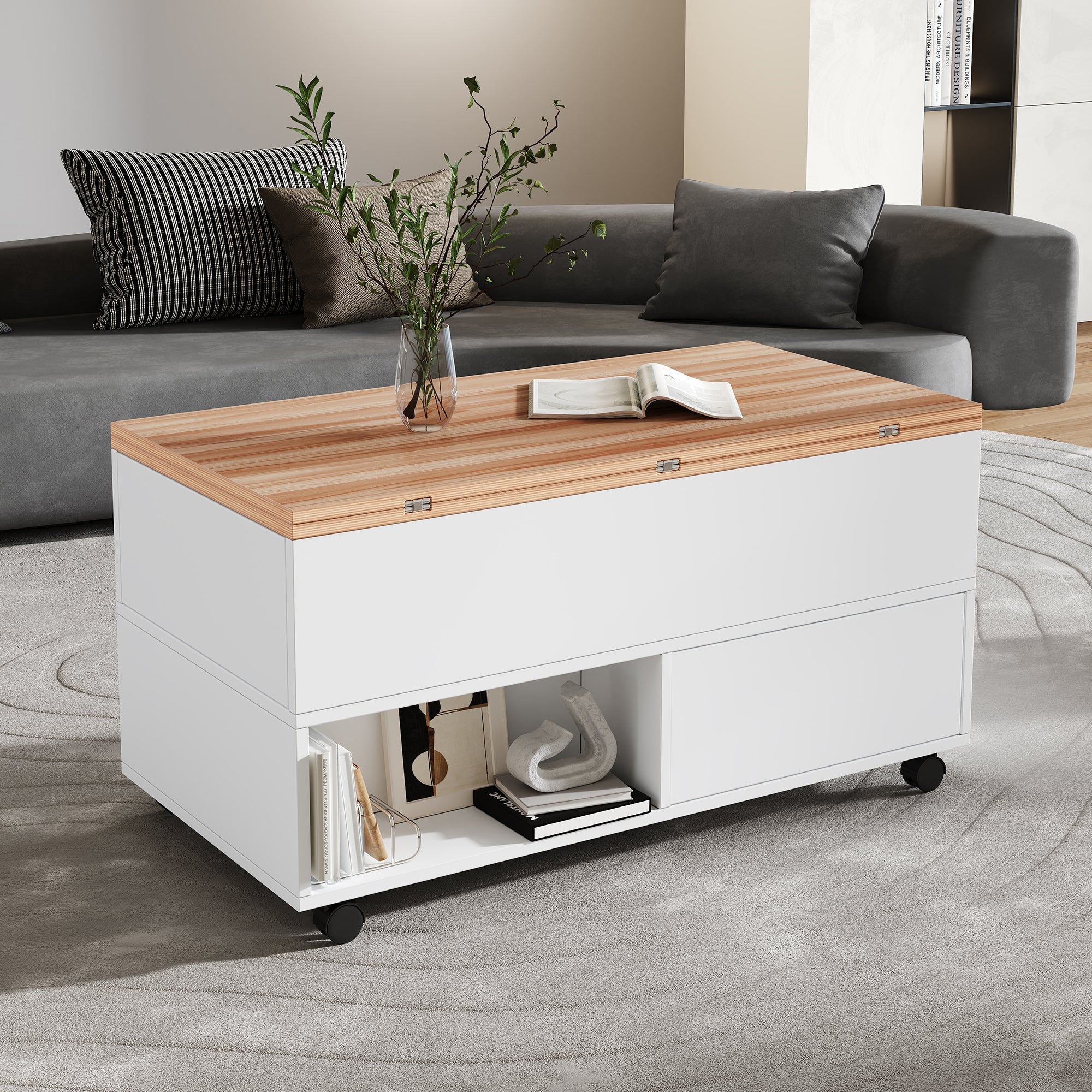 Logidon salontafel Lift Top 100x50 wit houtlook met 4 lades
