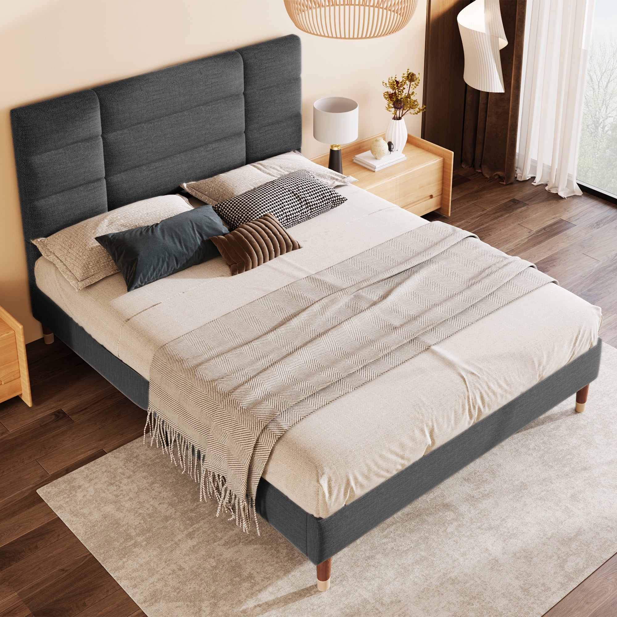 Logidon upholstered bed double bed 140x200 with slatted frame dark gray linen