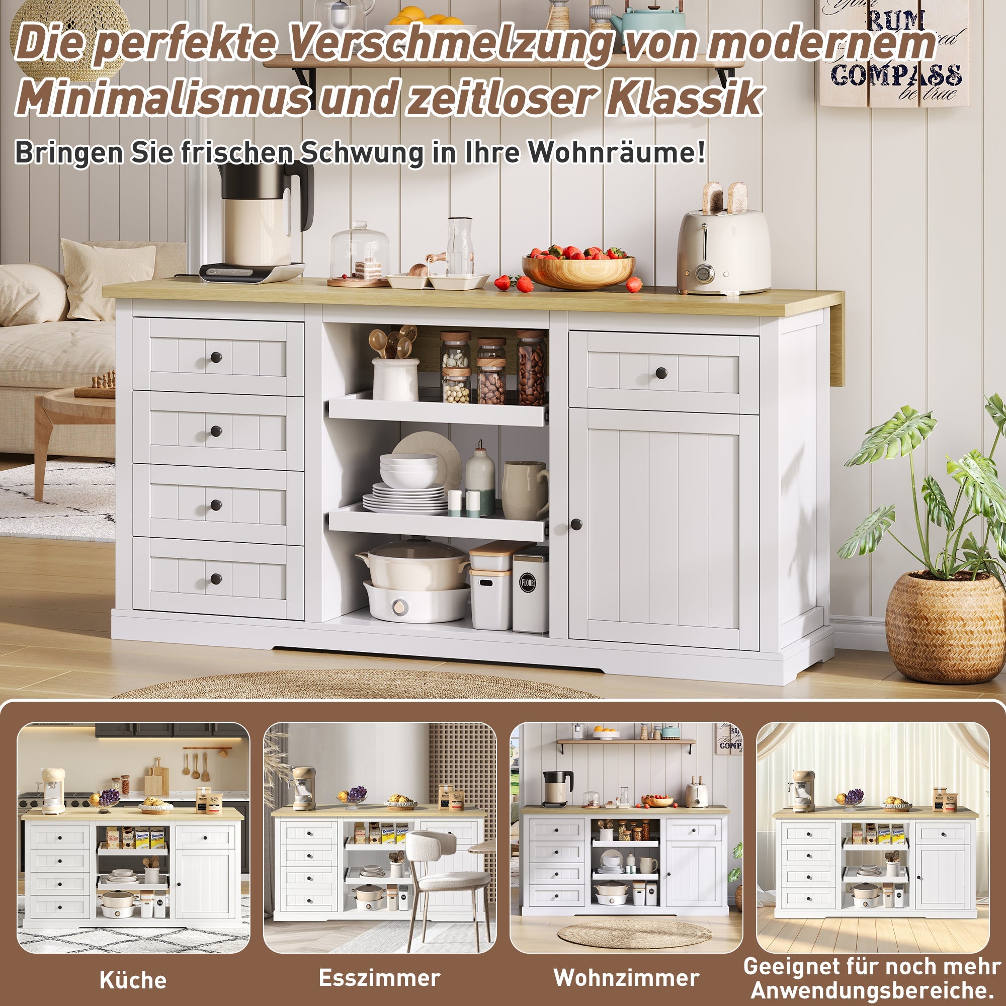 Logidon dressoir keukeneiland wit houten blad 5 laden 150x65x75 cm